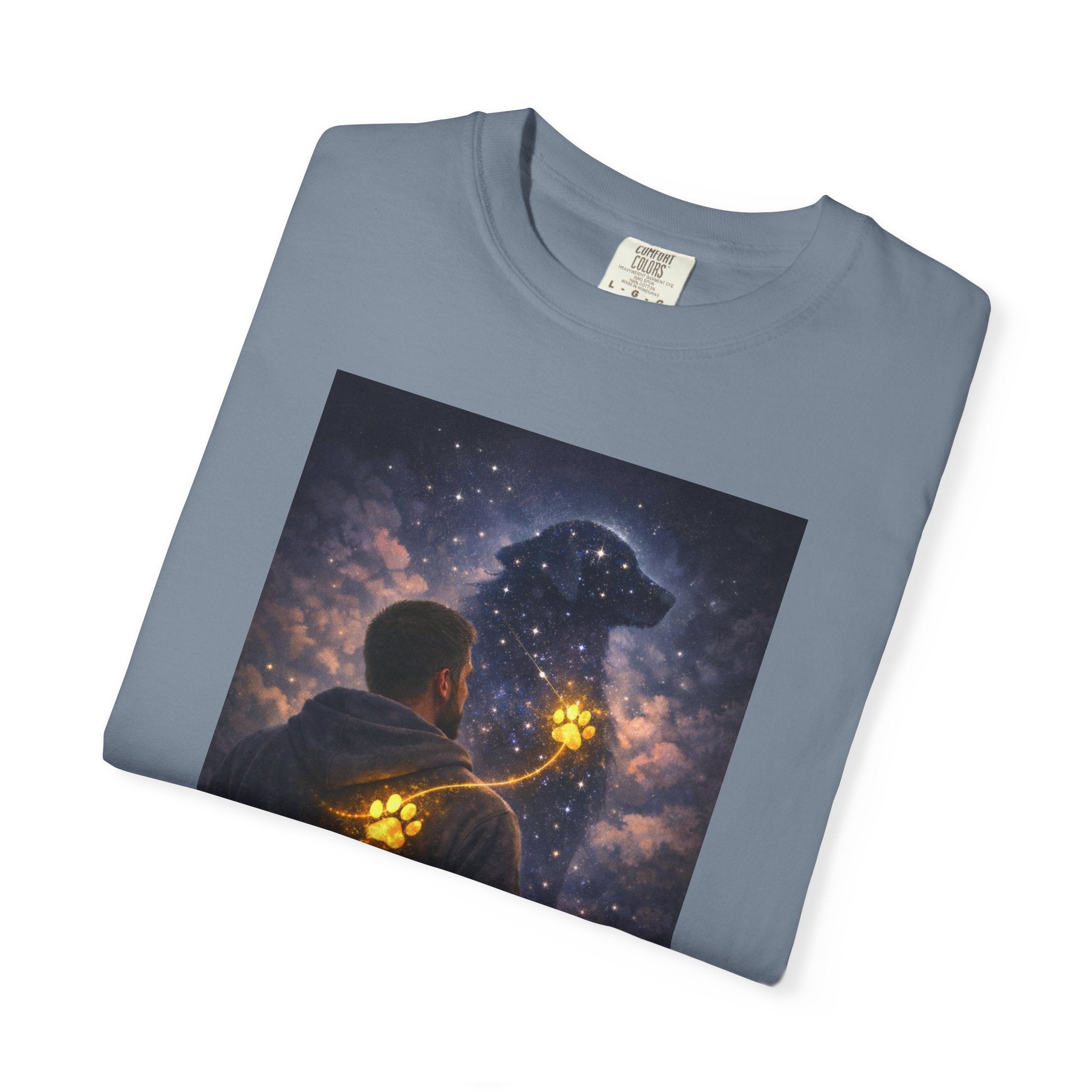 Stargazer Dog T‑Shirt — Cosmic Silhouette with Glowing Pawprint