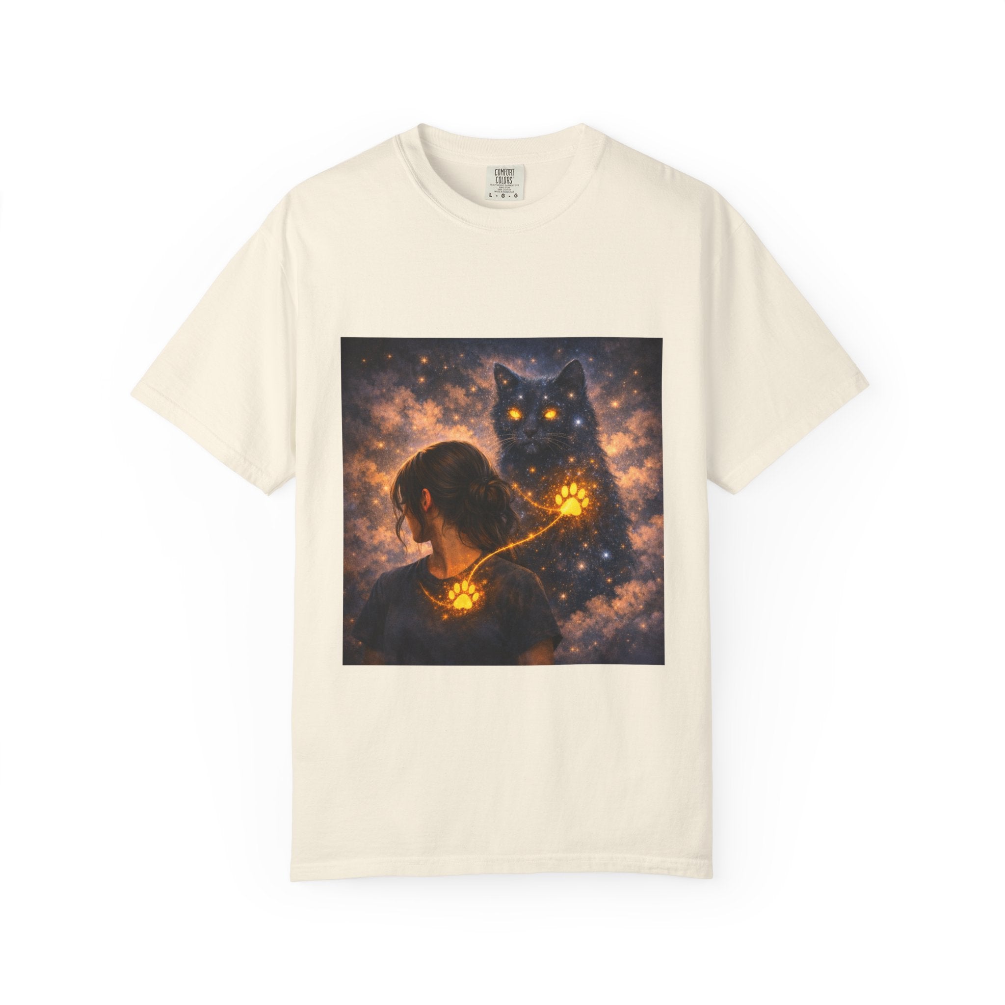 Mystic Cat Guardian T-Shirt — Glowing Heart & Starry Night Graphic Tee
