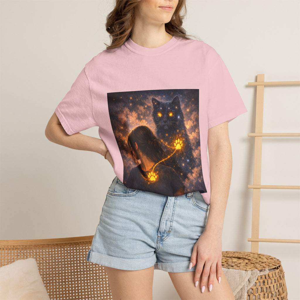 Mystic Cat Guardian T-Shirt — Glowing Heart & Starry Night Graphic Tee