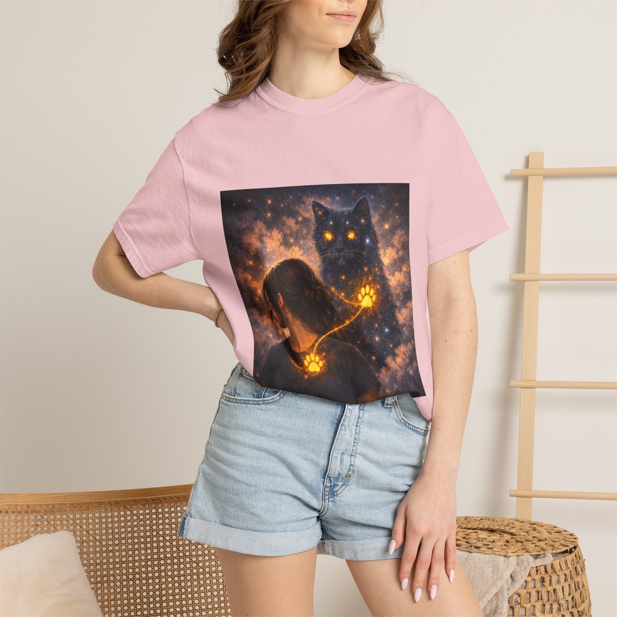 Mystic Cat Guardian T-Shirt — Glowing Heart & Starry Night Graphic Tee