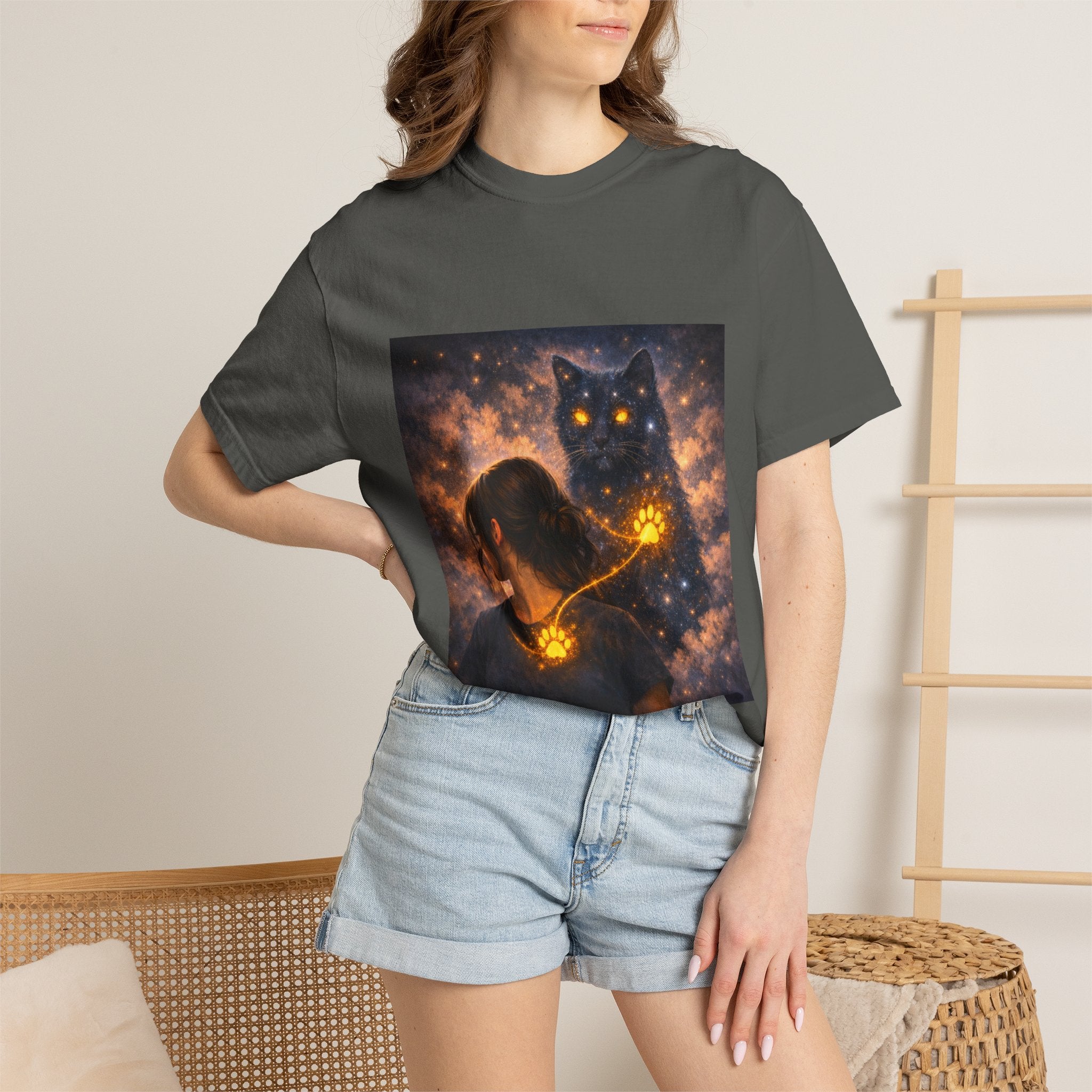 Mystic Cat Guardian T-Shirt — Glowing Heart & Starry Night Graphic Tee