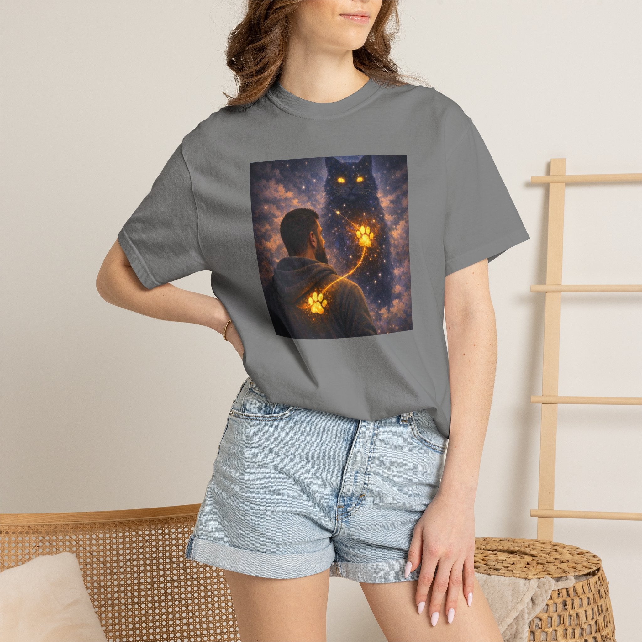 Magic Cat Constellation T-Shirt — Whimsical Night Sky Design