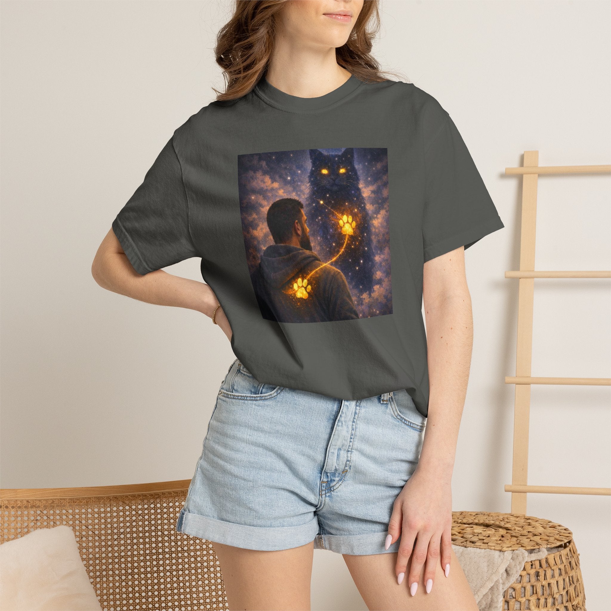 Magic Cat Constellation T-Shirt — Whimsical Night Sky Design