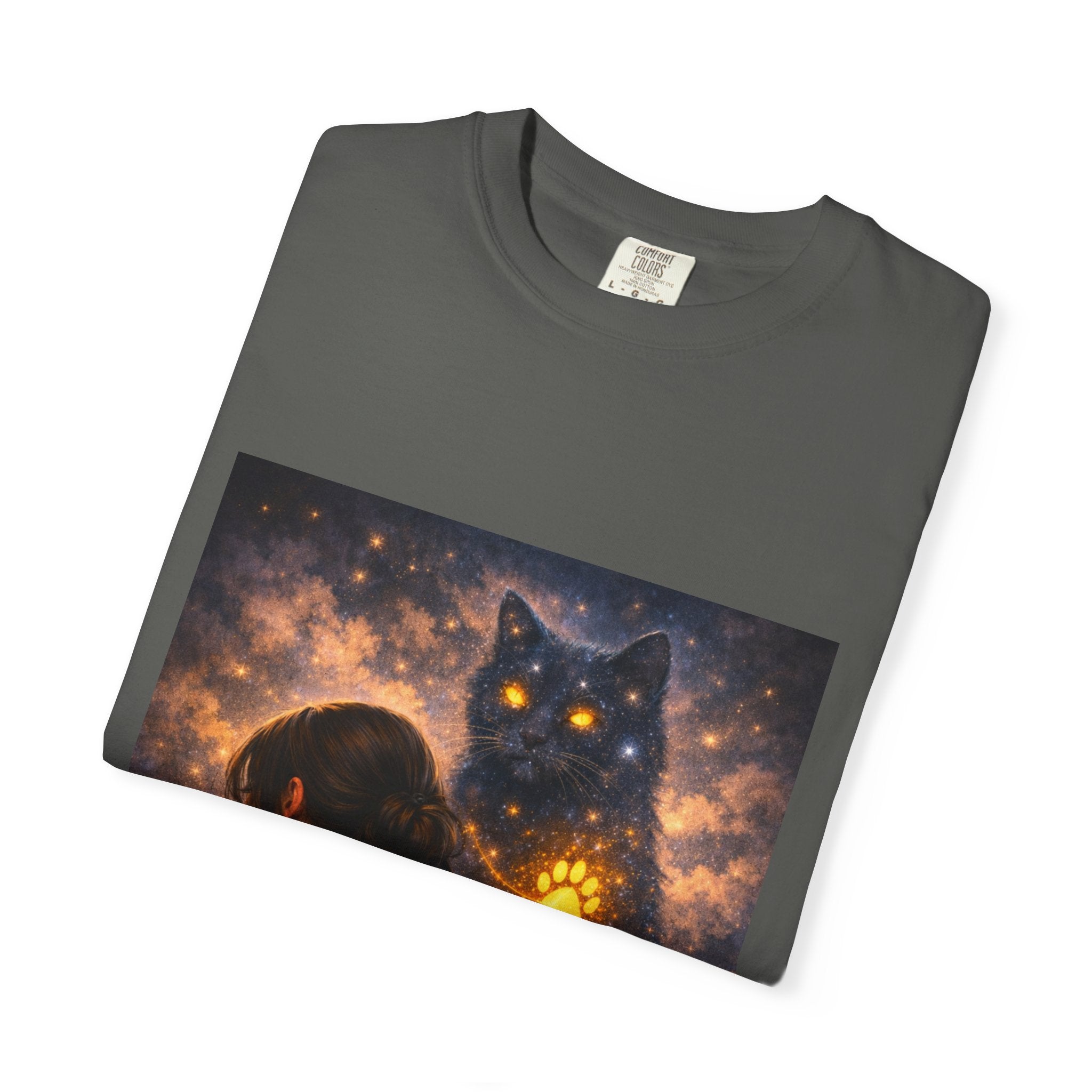 Mystic Cat Guardian T-Shirt — Glowing Heart & Starry Night Graphic Tee
