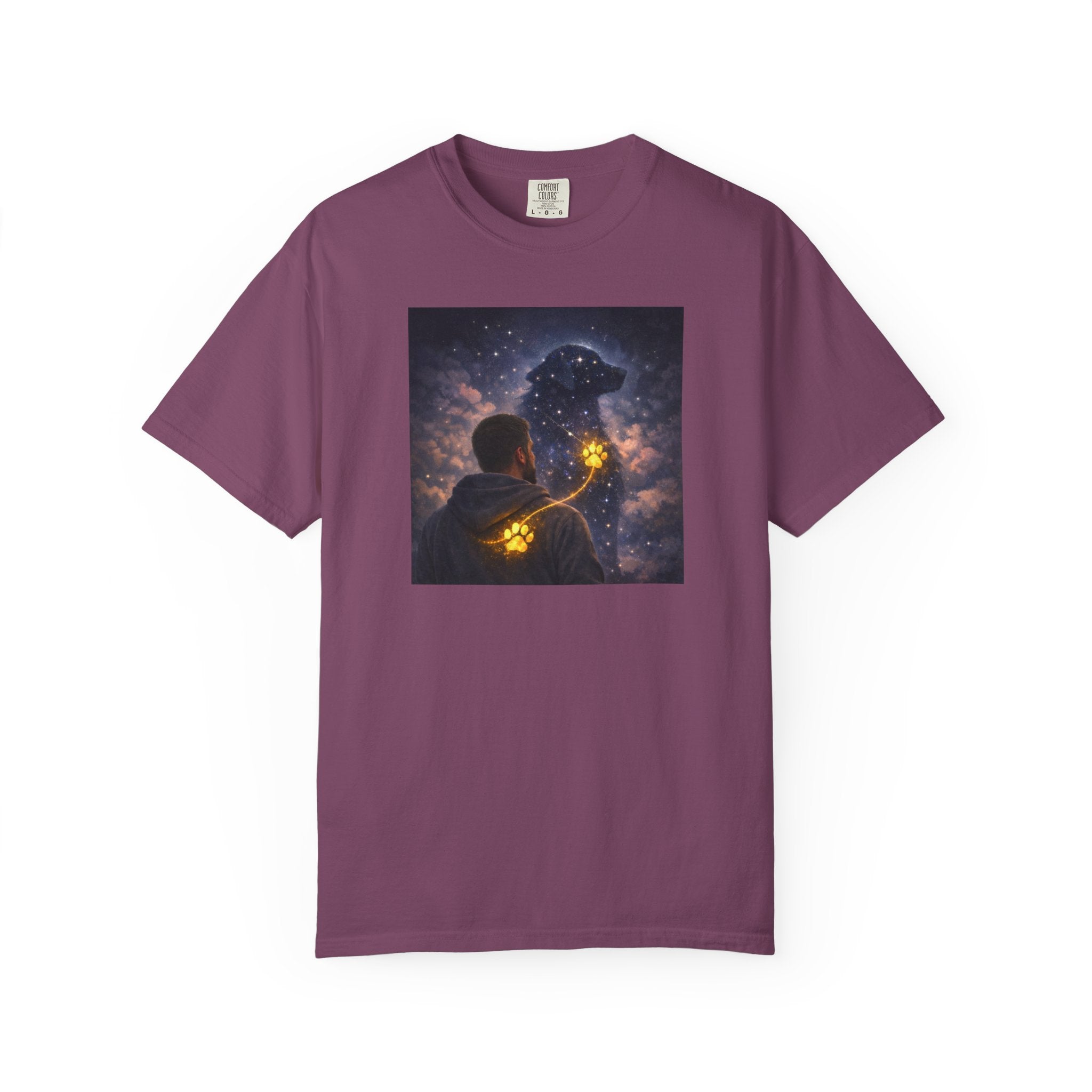 Stargazer Dog T‑Shirt — Cosmic Silhouette with Glowing Pawprint