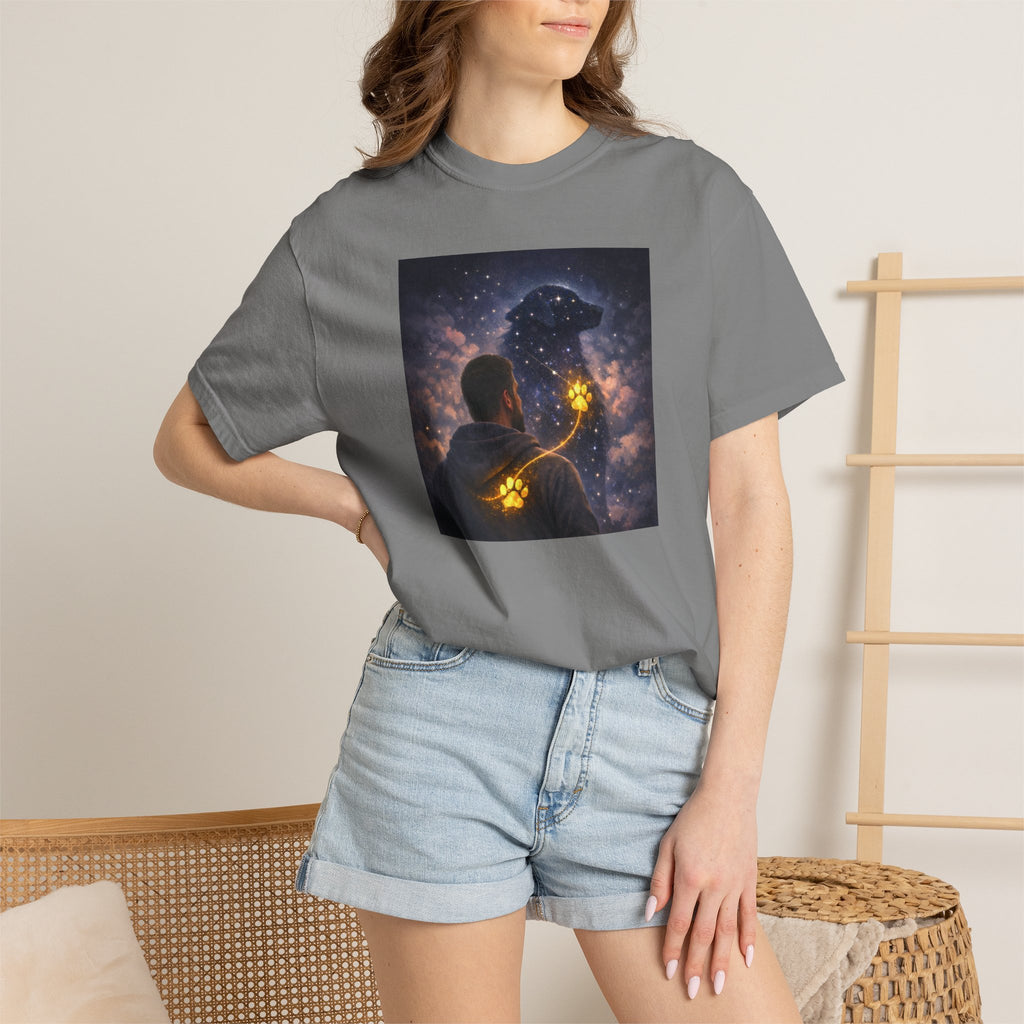 Stargazer Dog T‑Shirt — Cosmic Silhouette with Glowing Pawprint