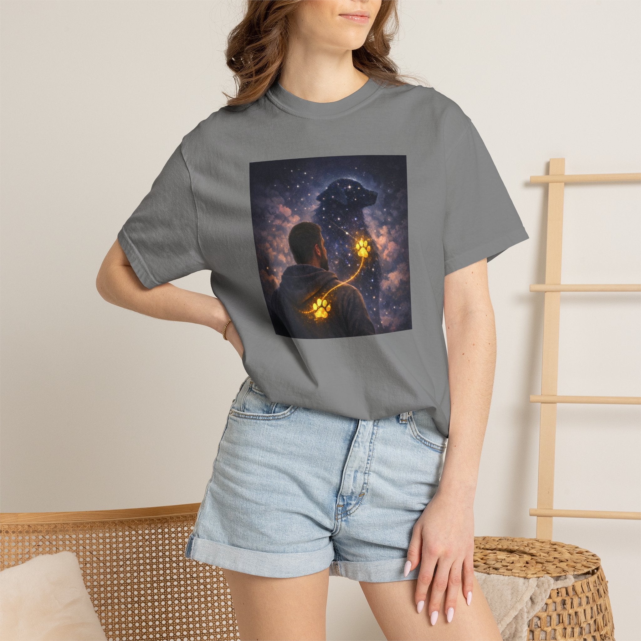 Stargazer Dog T‑Shirt — Cosmic Silhouette with Glowing Pawprint