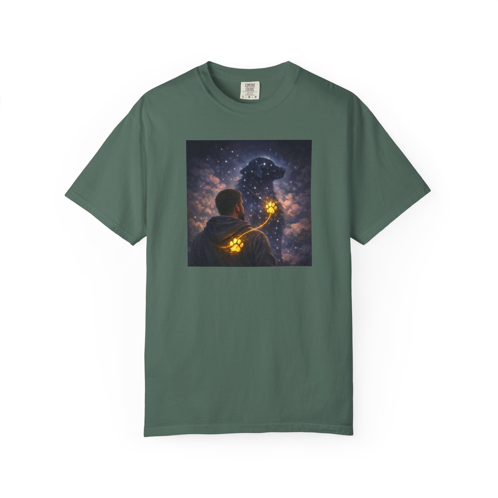 Stargazer Dog T‑Shirt — Cosmic Silhouette with Glowing Pawprint