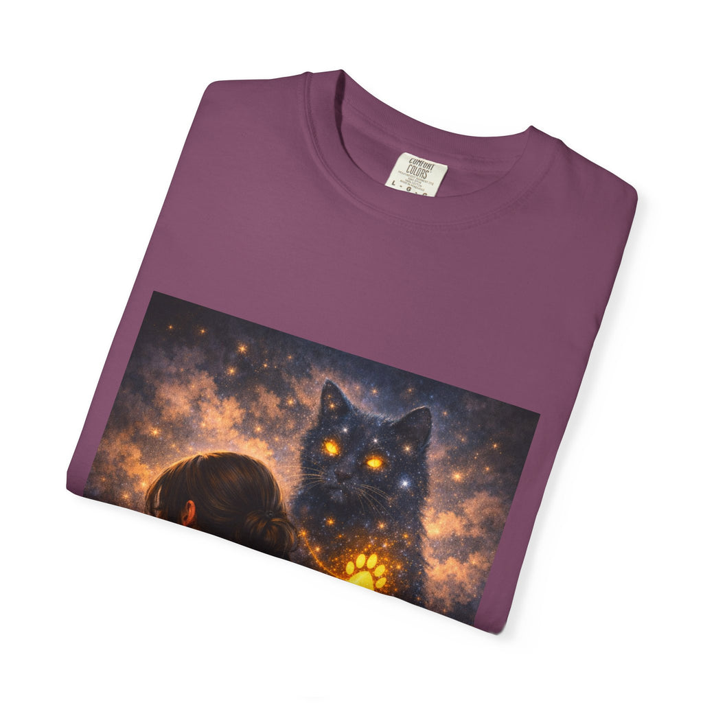 Mystic Cat Guardian T-Shirt — Glowing Heart & Starry Night Graphic Tee