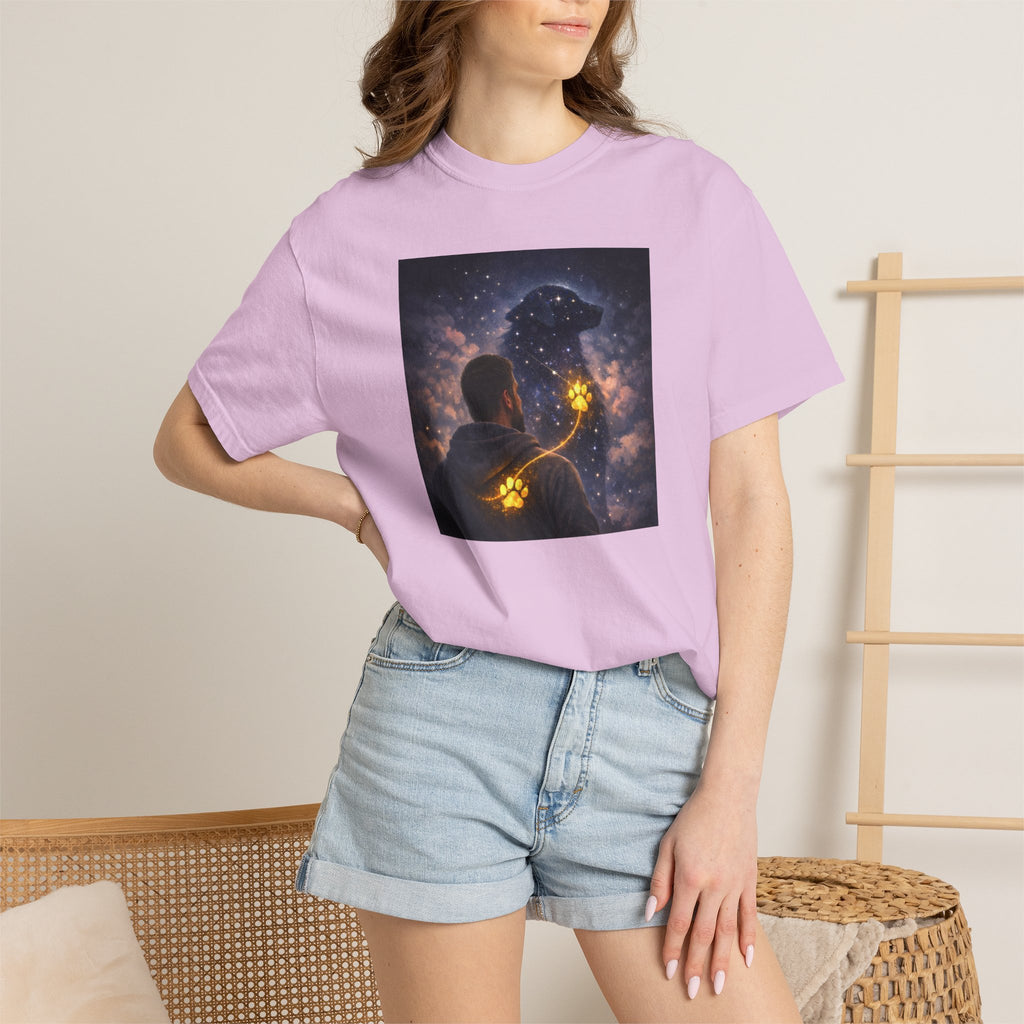 Stargazer Dog T‑Shirt — Cosmic Silhouette with Glowing Pawprint