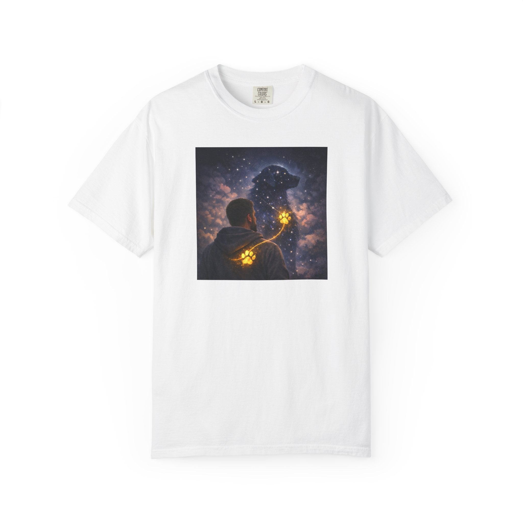 Stargazer Dog T‑Shirt — Cosmic Silhouette with Glowing Pawprint