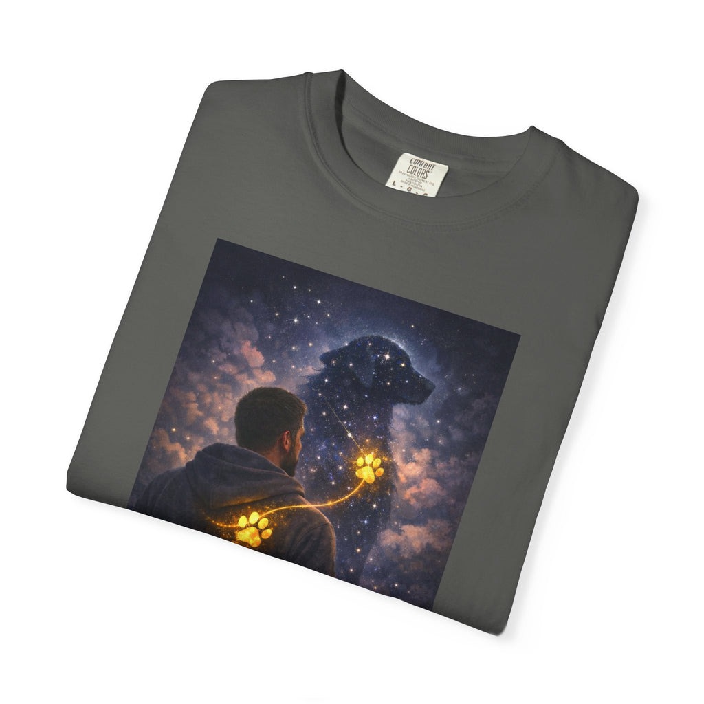 Stargazer Dog T‑Shirt — Cosmic Silhouette with Glowing Pawprint
