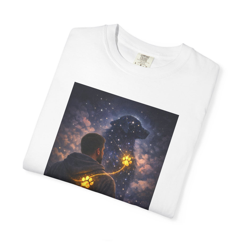 Stargazer Dog T‑Shirt — Cosmic Silhouette with Glowing Pawprint