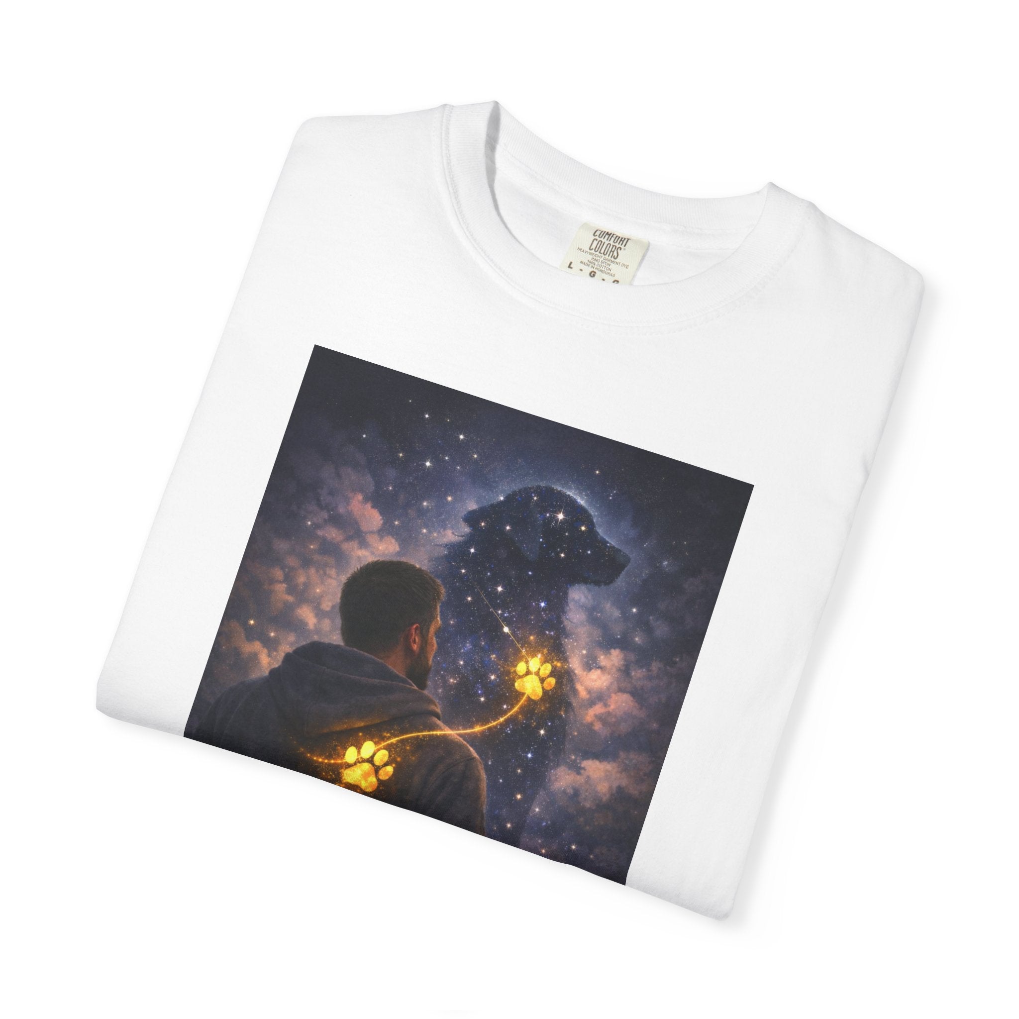 Stargazer Dog T‑Shirt — Cosmic Silhouette with Glowing Pawprint