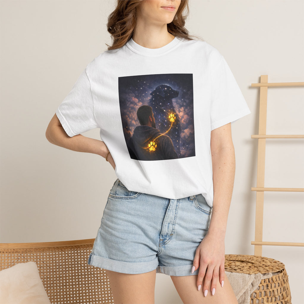 Stargazer Dog T‑Shirt — Cosmic Silhouette with Glowing Pawprint