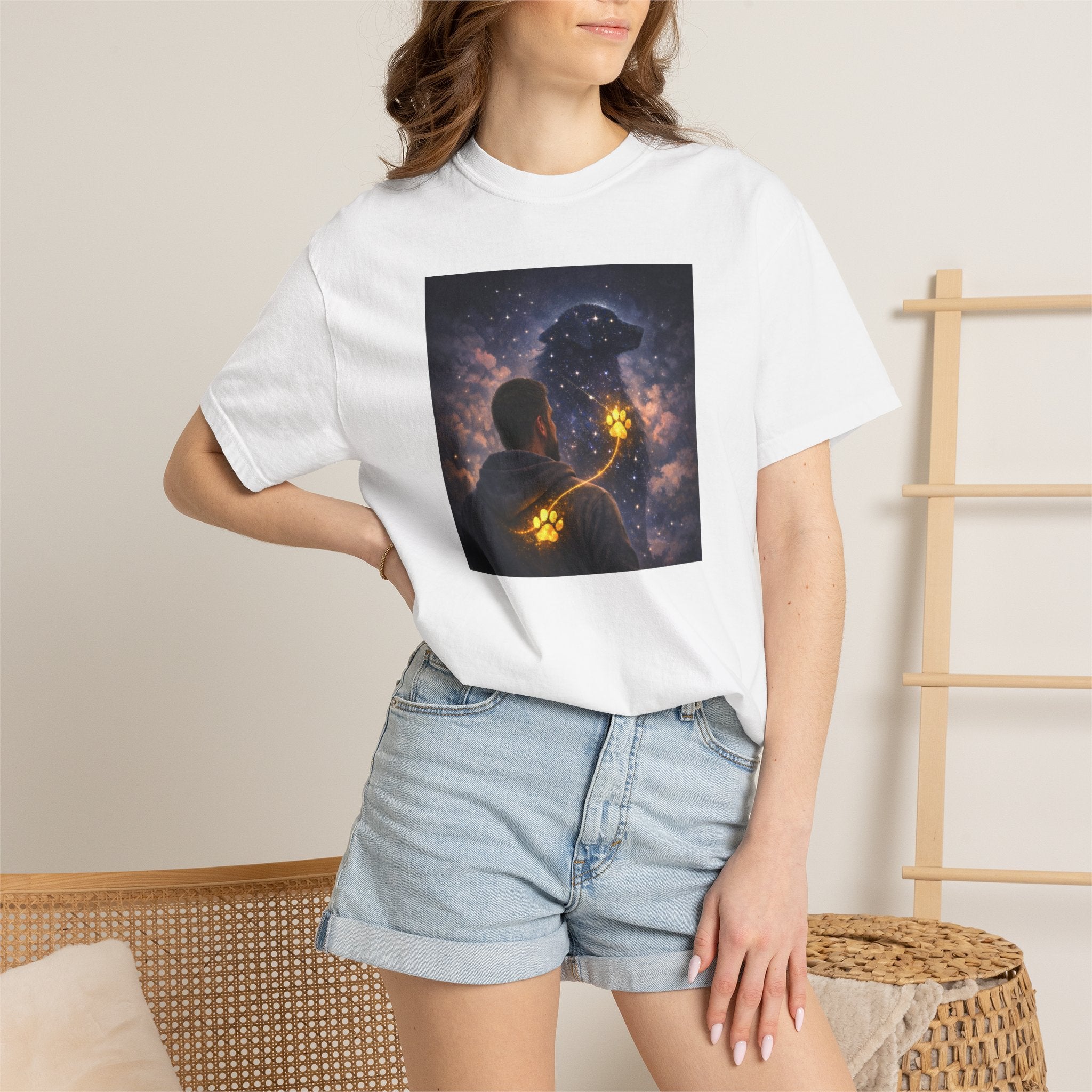 Stargazer Dog T‑Shirt — Cosmic Silhouette with Glowing Pawprint