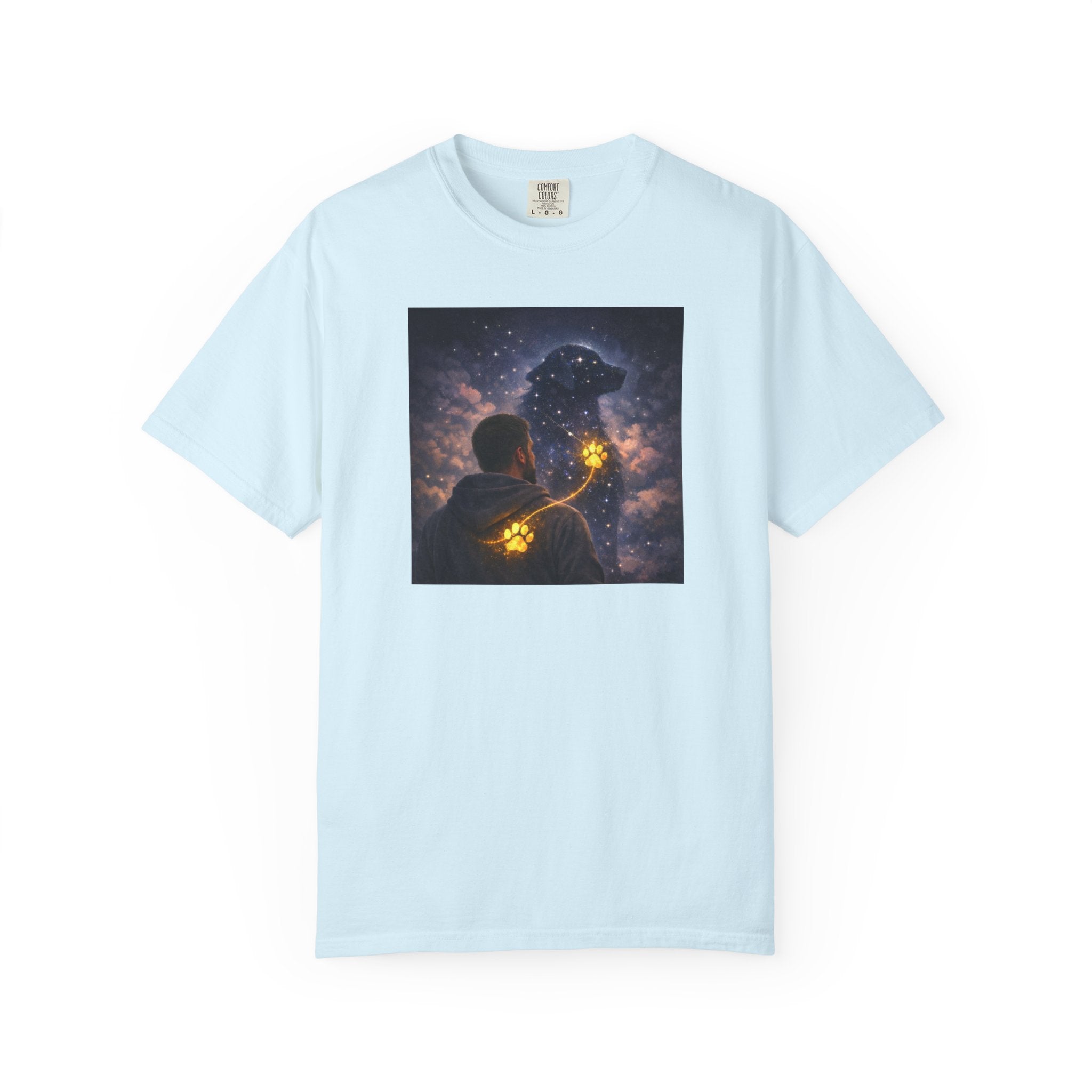 Stargazer Dog T‑Shirt — Cosmic Silhouette with Glowing Pawprint