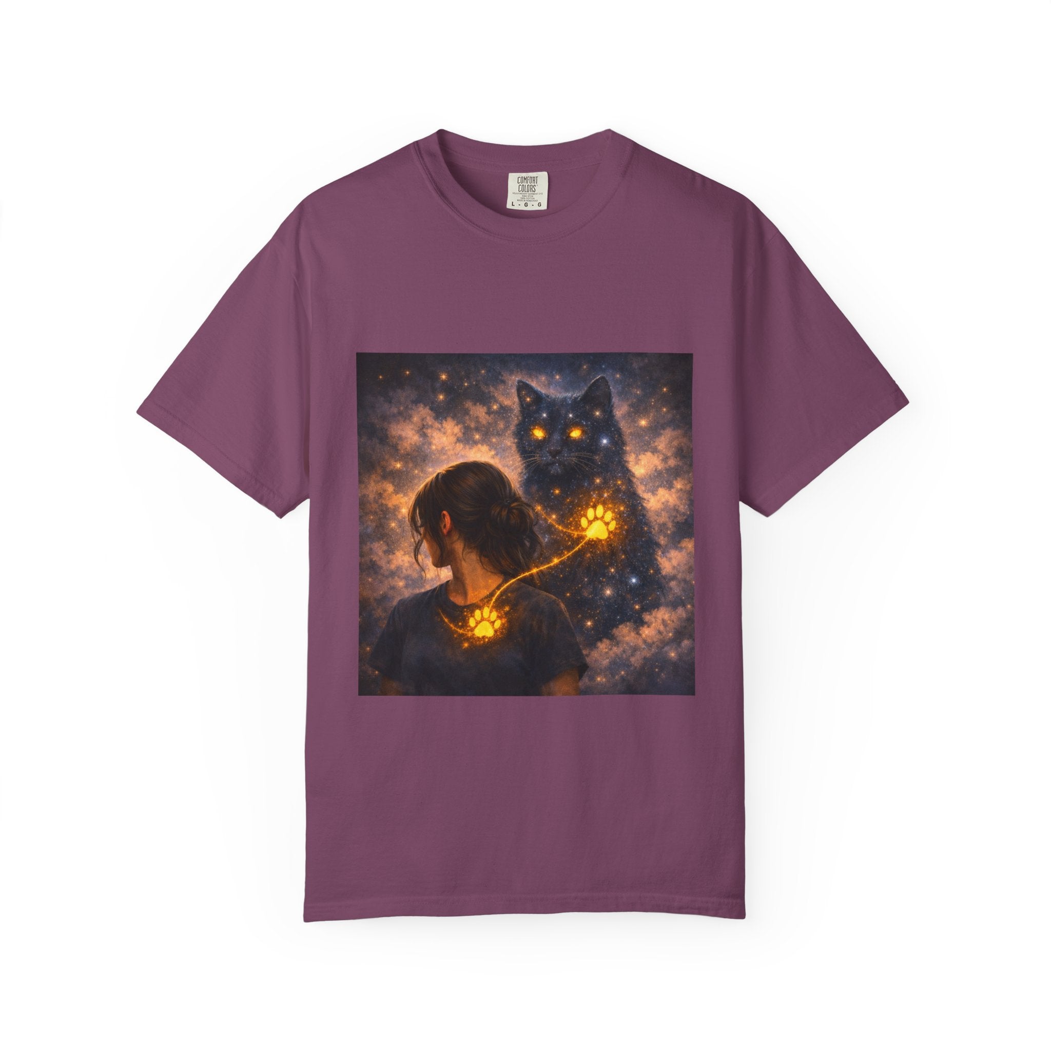 Mystic Cat Guardian T-Shirt — Glowing Heart & Starry Night Graphic Tee