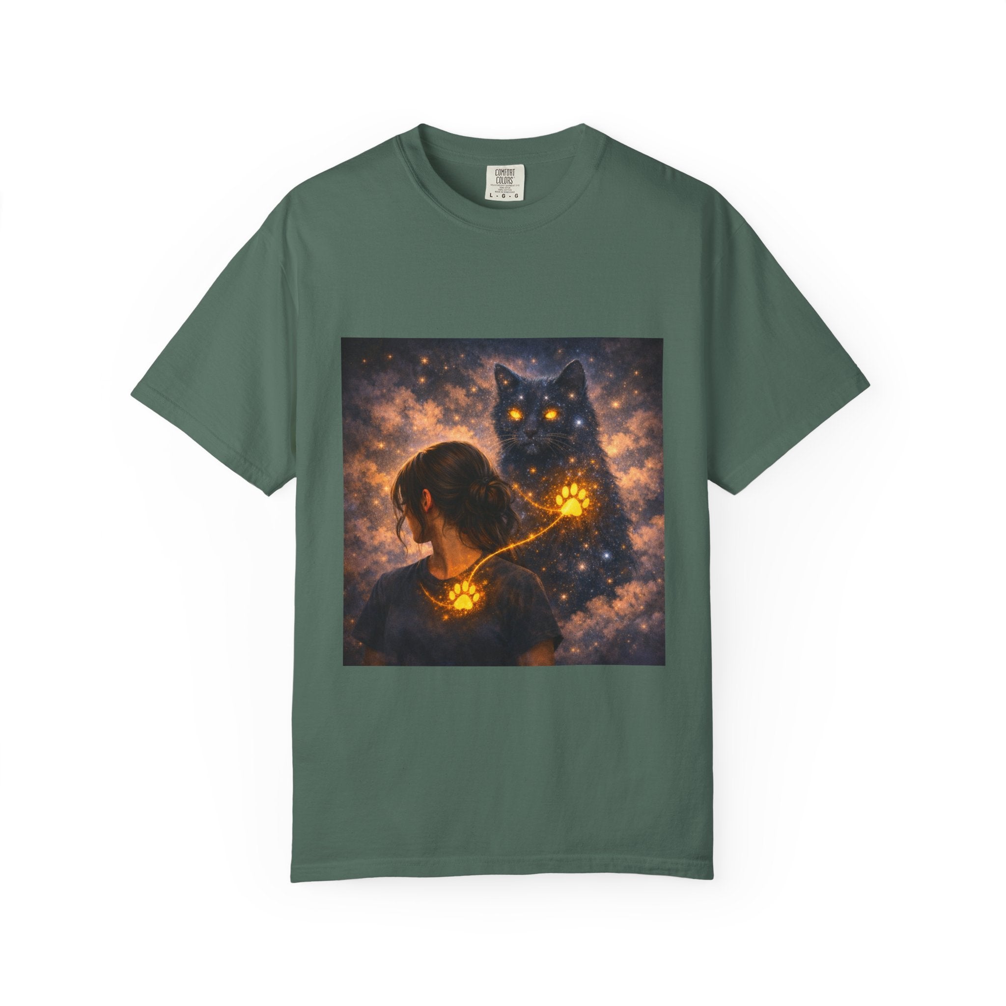 Mystic Cat Guardian T-Shirt — Glowing Heart & Starry Night Graphic Tee