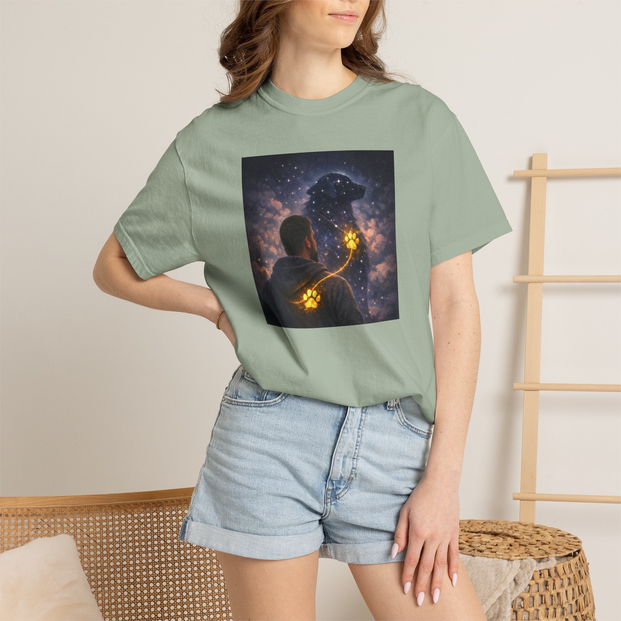 Stargazer Dog T‑Shirt — Cosmic Silhouette with Glowing Pawprint