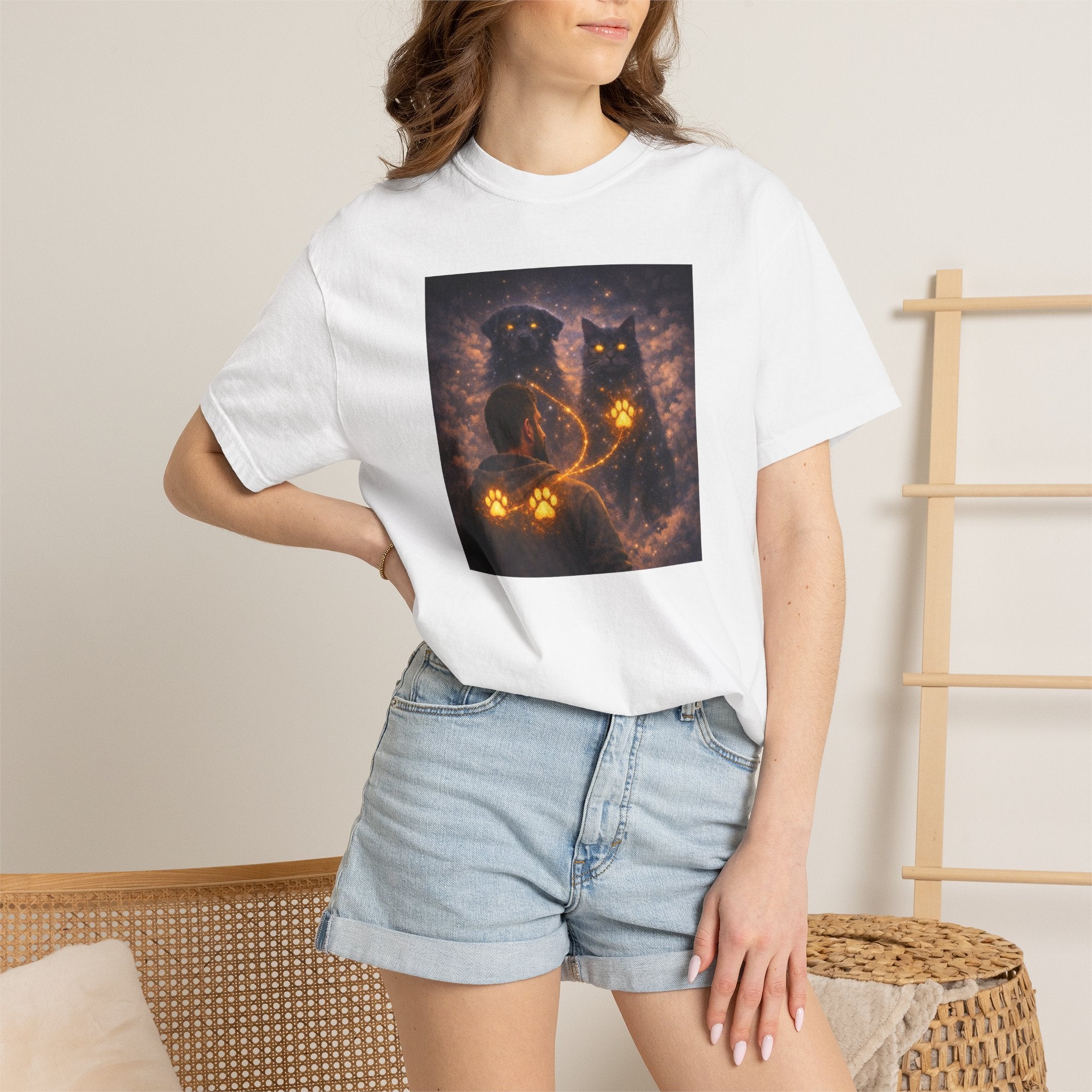 Glowing Paw Cats T-Shirt — Mystical Night Cats with Illuminated Pawprint Design
