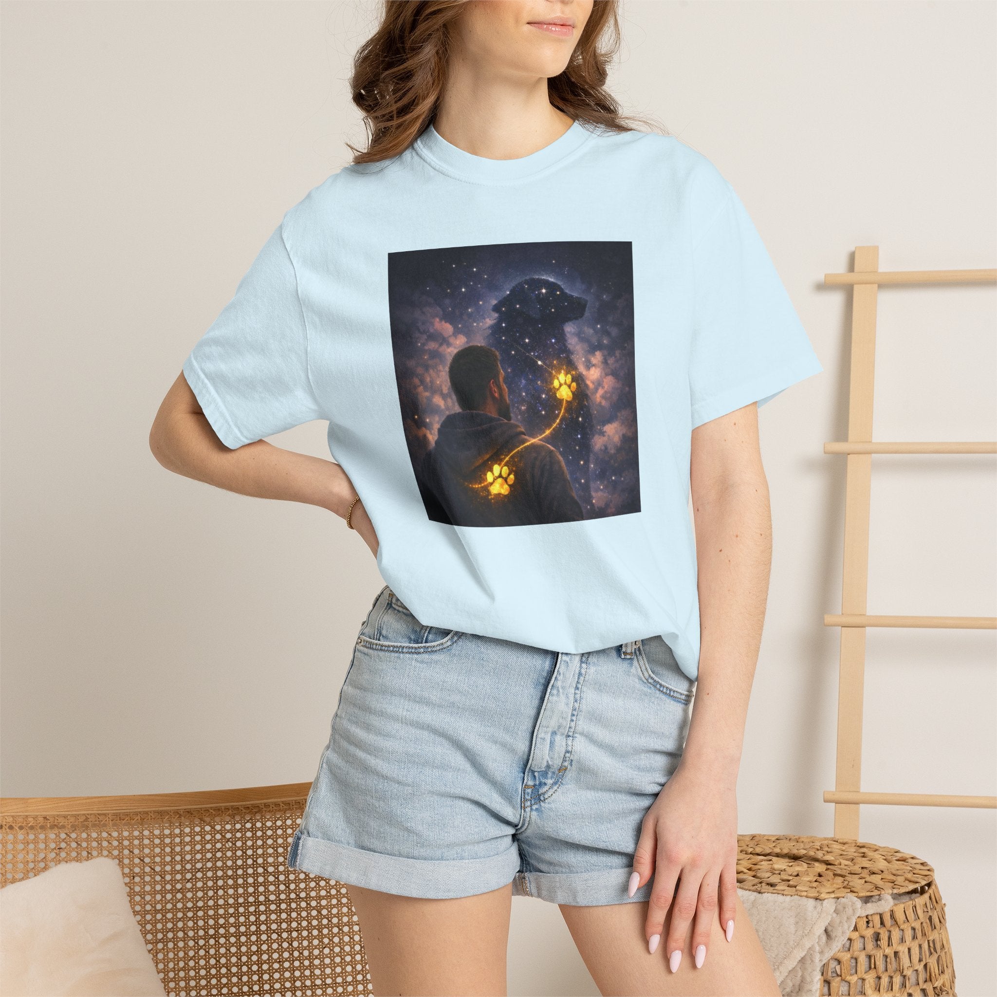 Stargazer Dog T‑Shirt — Cosmic Silhouette with Glowing Pawprint