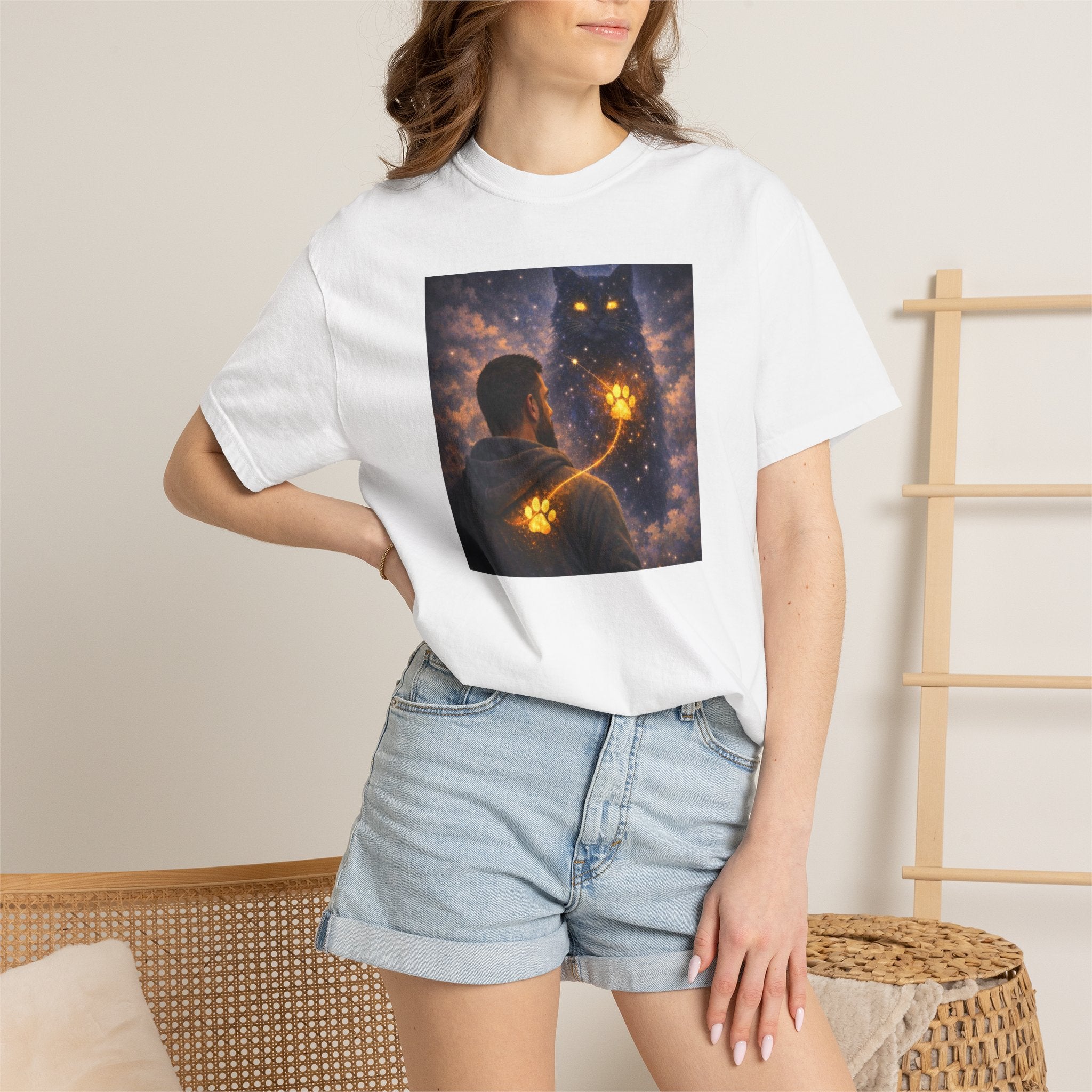 Magic Cat Constellation T-Shirt — Whimsical Night Sky Design