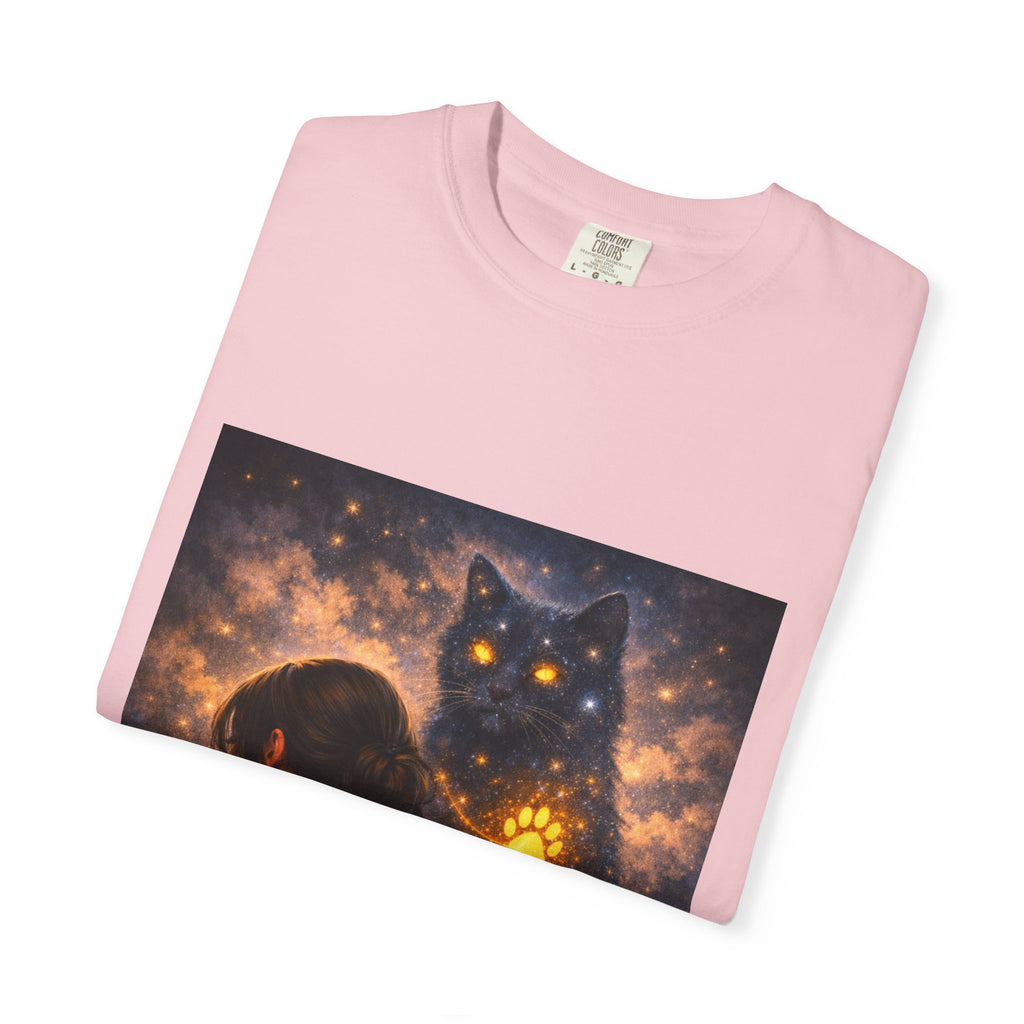 Mystic Cat Guardian T-Shirt — Glowing Heart & Starry Night Graphic Tee