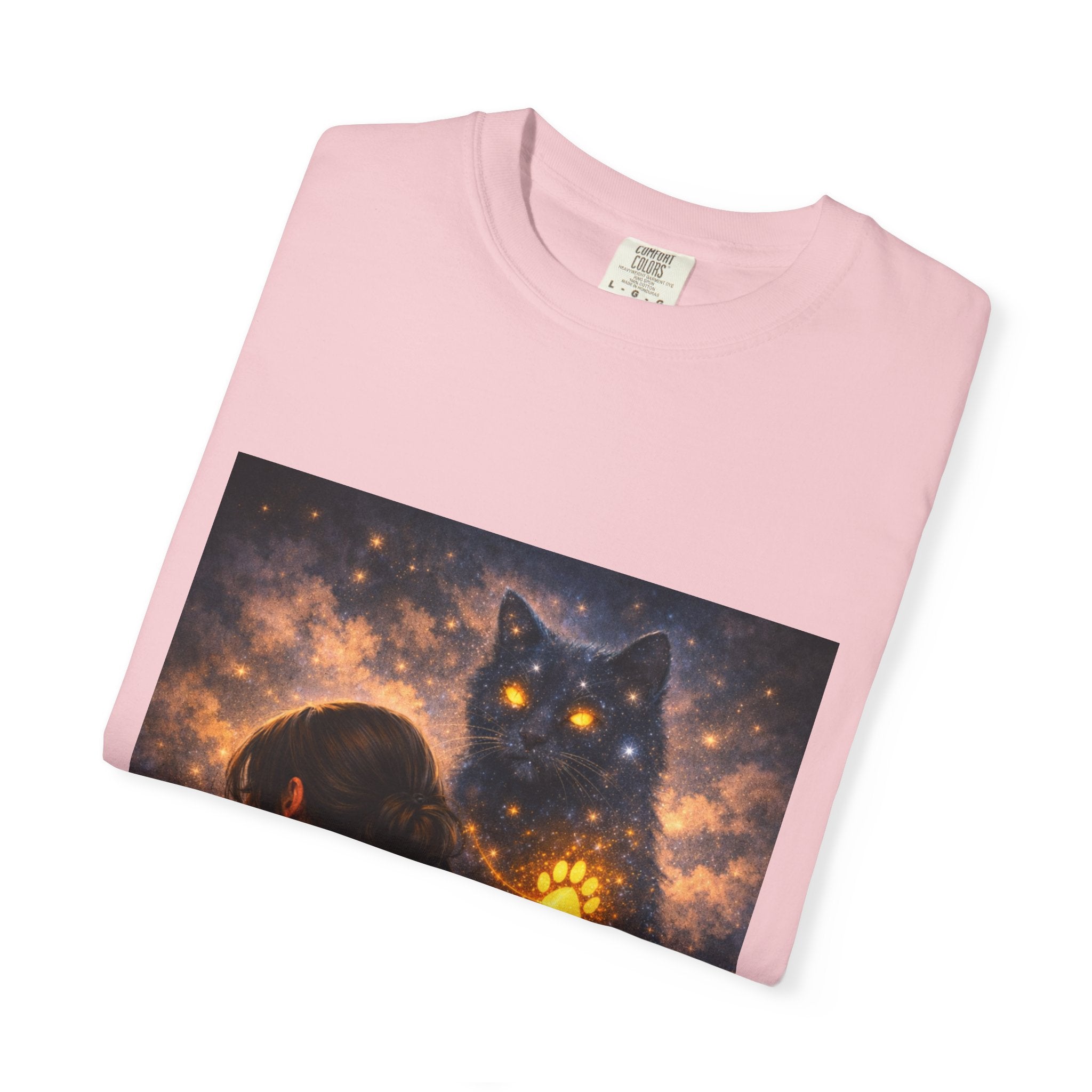 Mystic Cat Guardian T-Shirt — Glowing Heart & Starry Night Graphic Tee