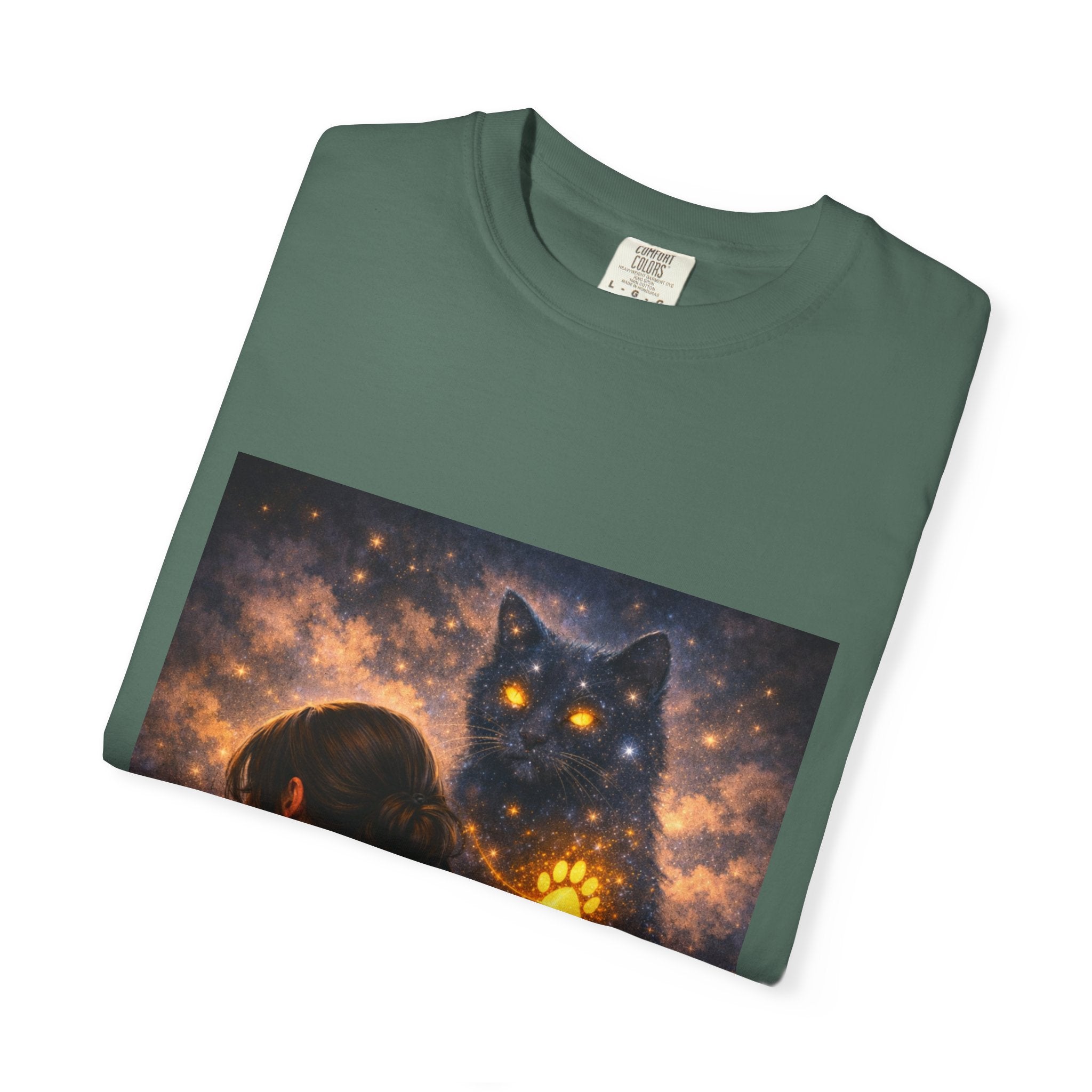 Mystic Cat Guardian T-Shirt — Glowing Heart & Starry Night Graphic Tee