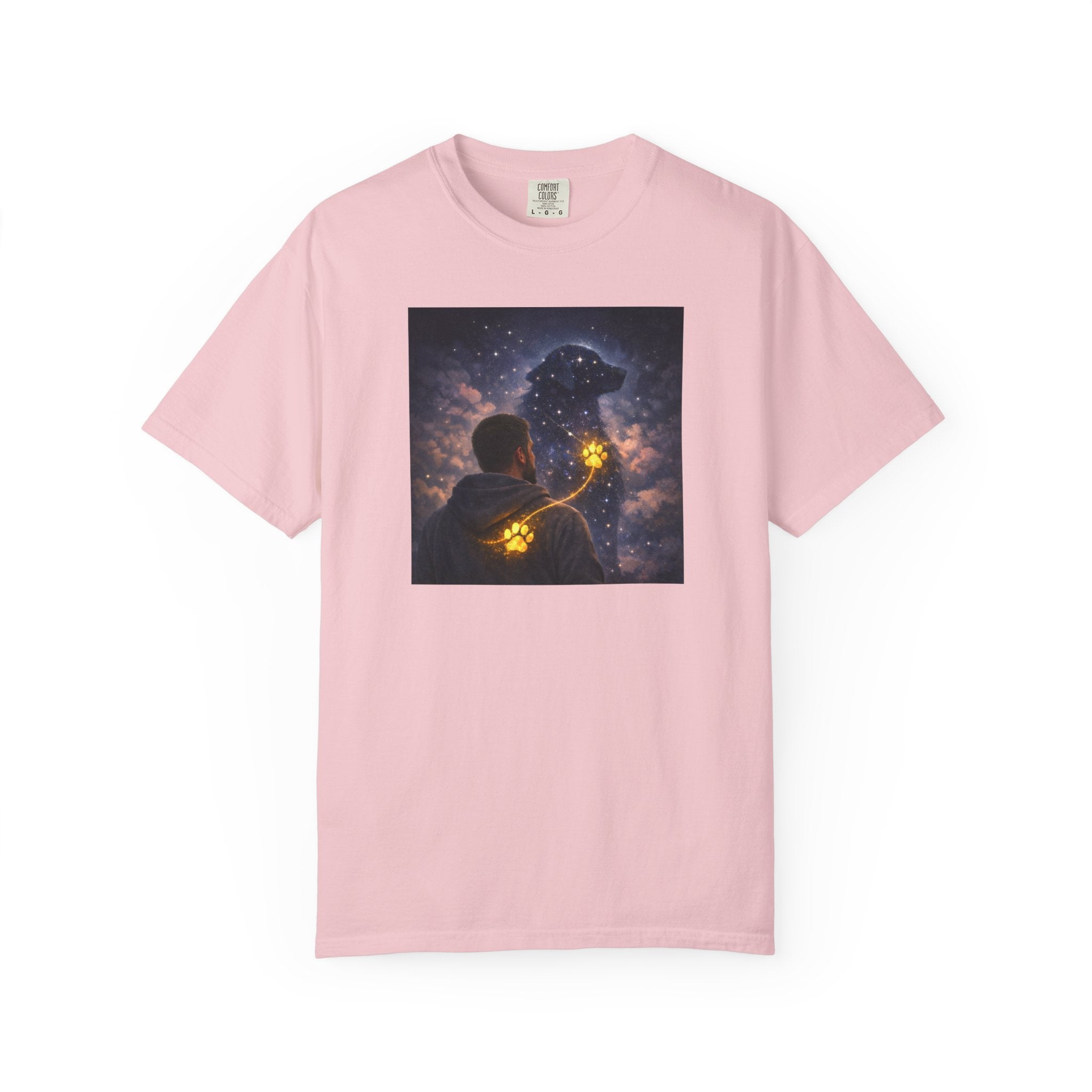 Stargazer Dog T‑Shirt — Cosmic Silhouette with Glowing Pawprint