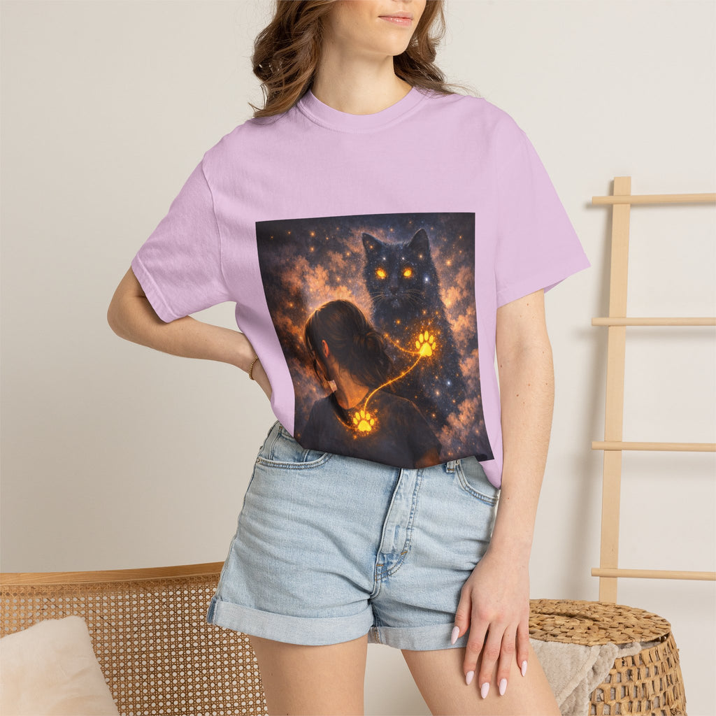 Mystic Cat Guardian T-Shirt — Glowing Heart & Starry Night Graphic Tee