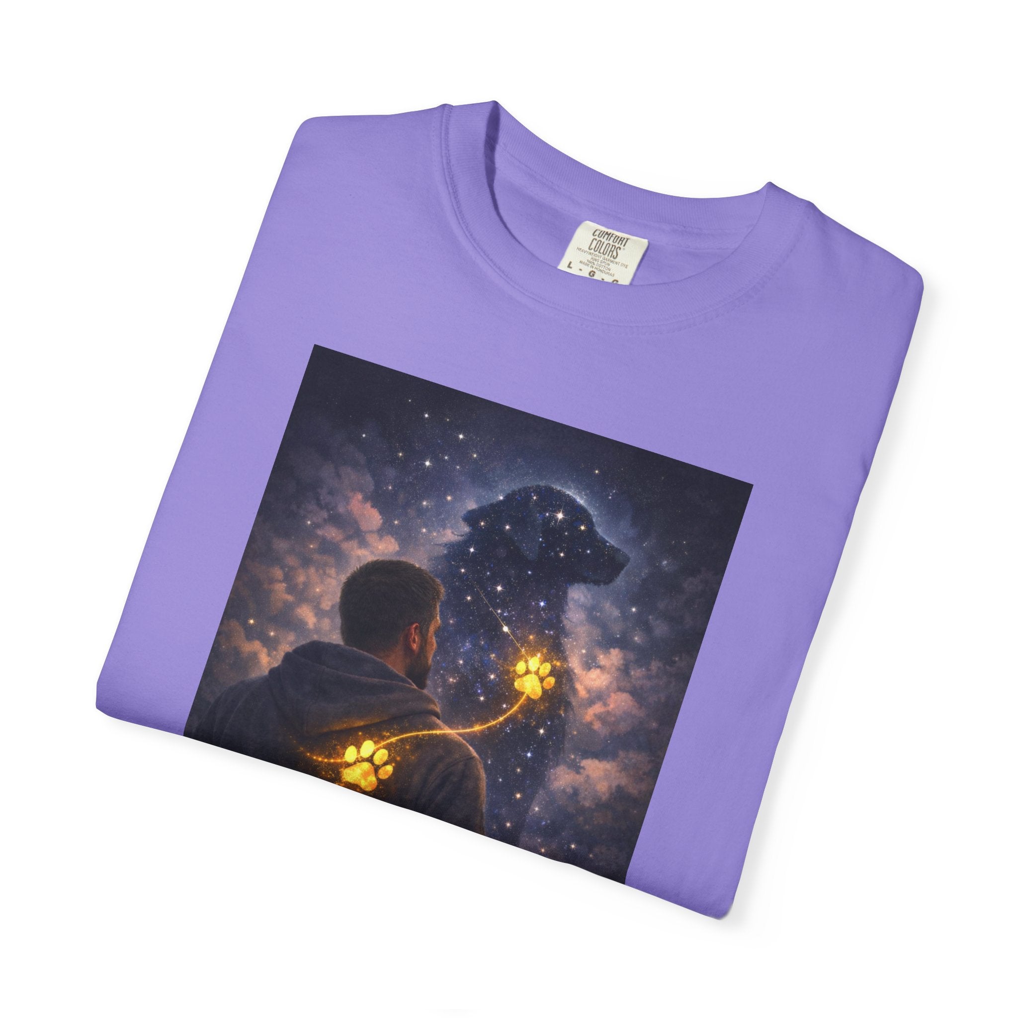 Stargazer Dog T‑Shirt — Cosmic Silhouette with Glowing Pawprint