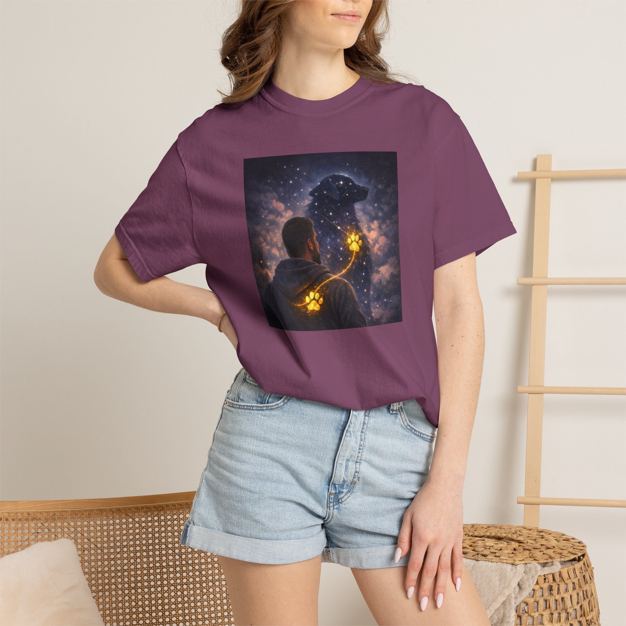 Stargazer Dog T‑Shirt — Cosmic Silhouette with Glowing Pawprint