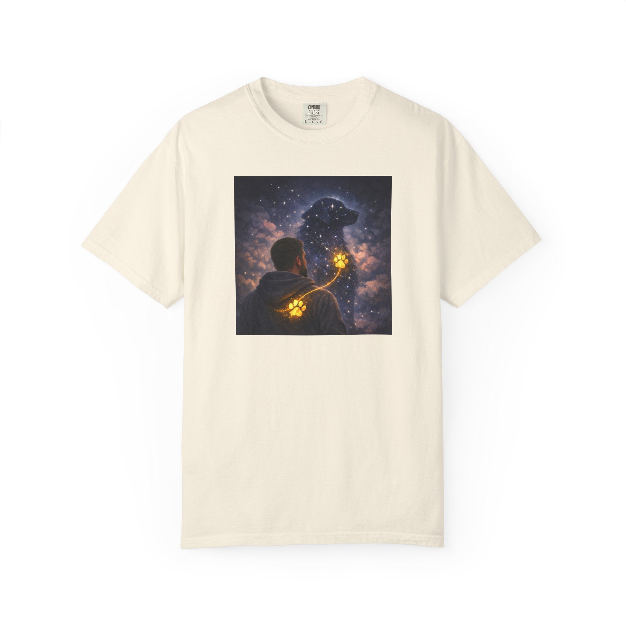 Stargazer Dog T‑Shirt — Cosmic Silhouette with Glowing Pawprint