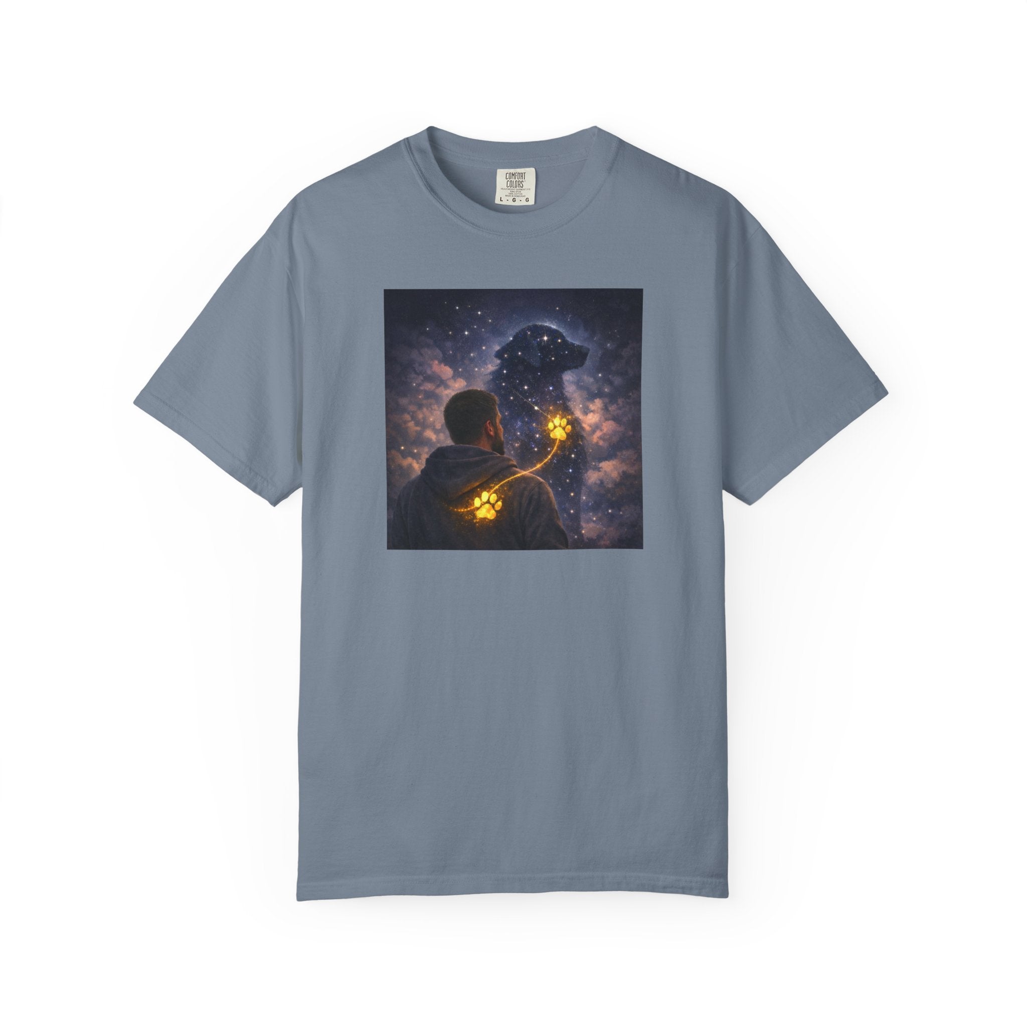Stargazer Dog T‑Shirt — Cosmic Silhouette with Glowing Pawprint