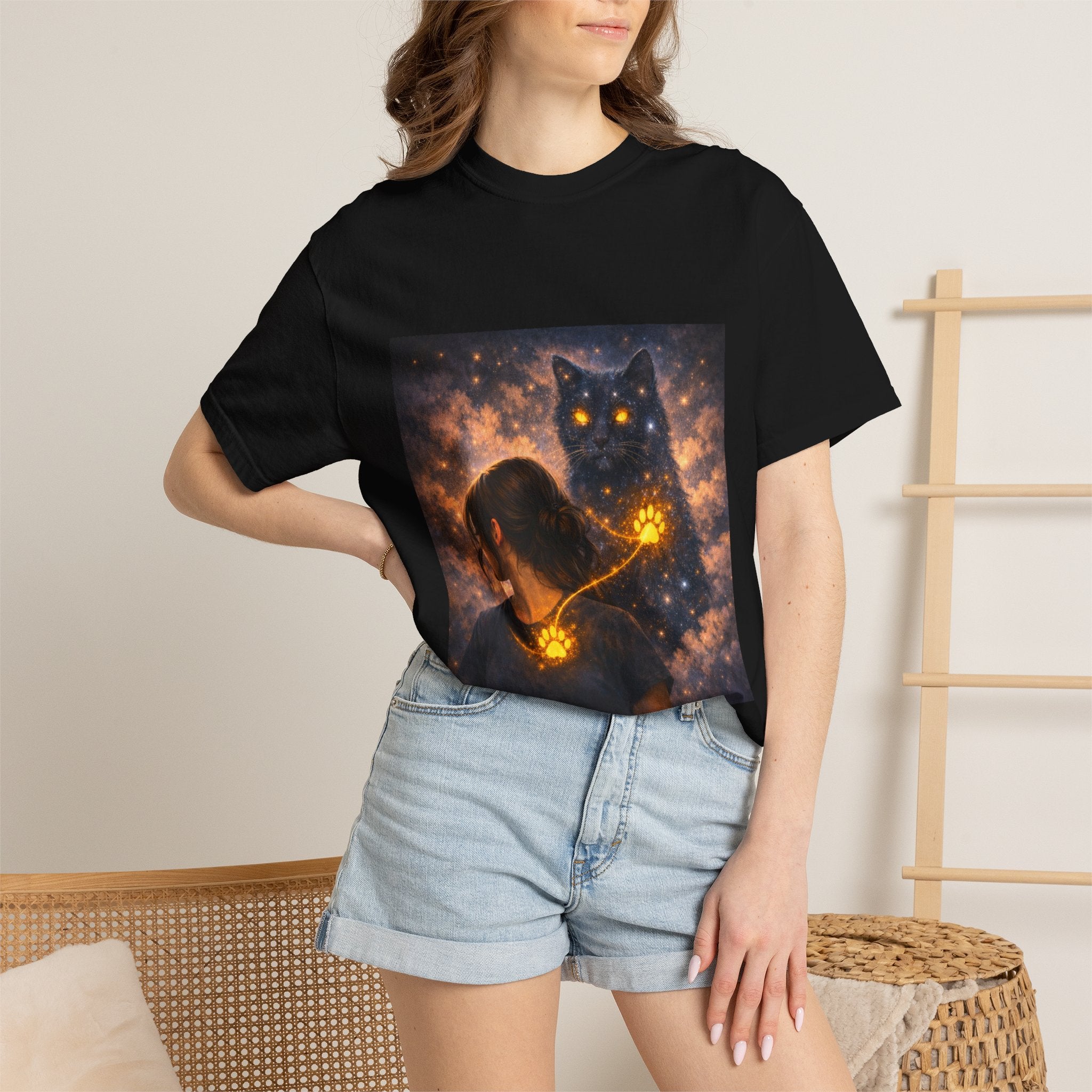 Mystic Cat Guardian T-Shirt — Glowing Heart & Starry Night Graphic Tee
