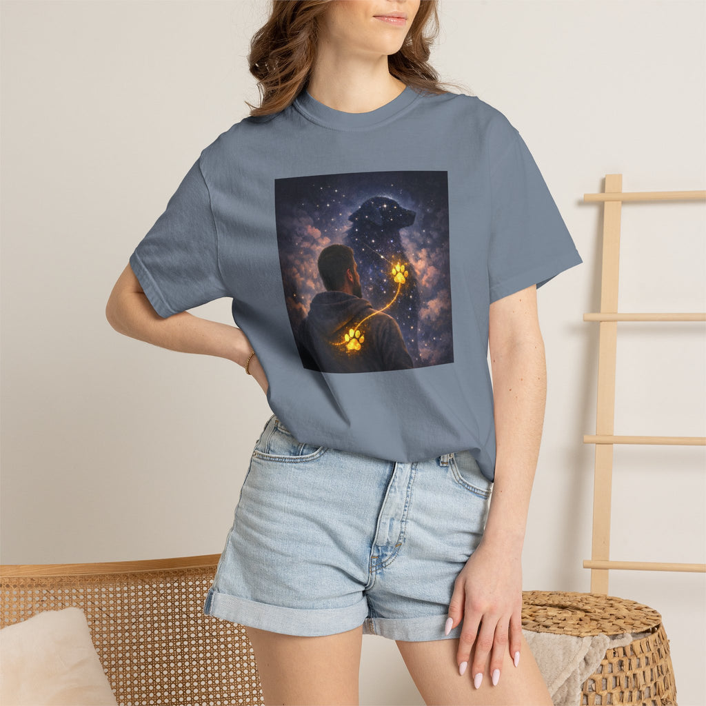 Stargazer Dog T‑Shirt — Cosmic Silhouette with Glowing Pawprint