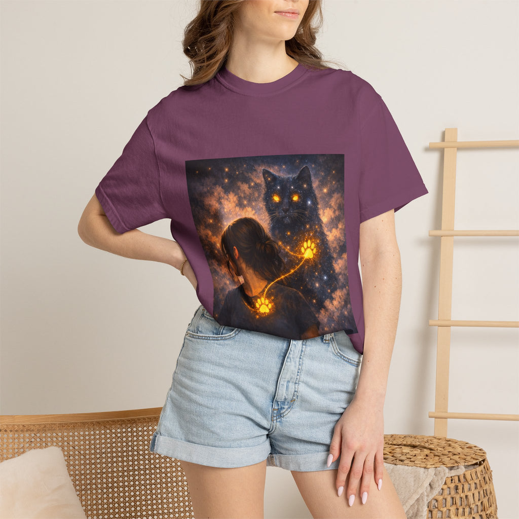 Mystic Cat Guardian T-Shirt — Glowing Heart & Starry Night Graphic Tee