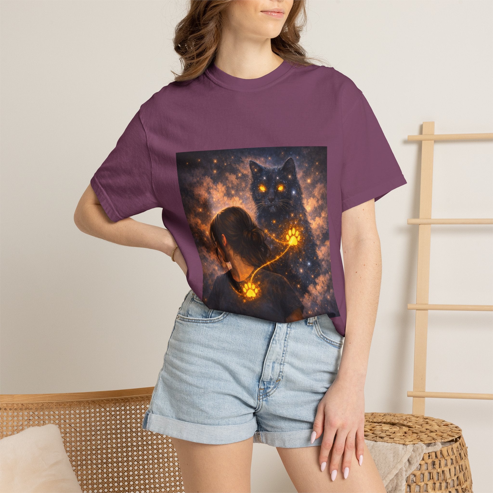 Mystic Cat Guardian T-Shirt — Glowing Heart & Starry Night Graphic Tee