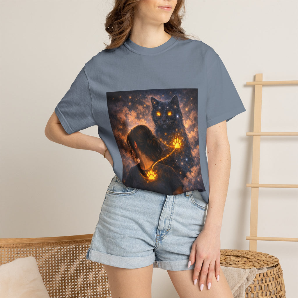 Mystic Cat Guardian T-Shirt — Glowing Heart & Starry Night Graphic Tee