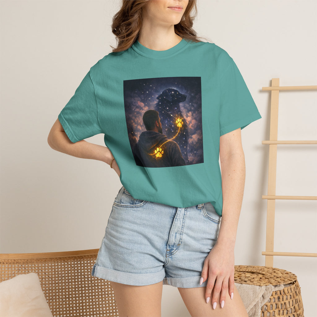 Stargazer Dog T‑Shirt — Cosmic Silhouette with Glowing Pawprint