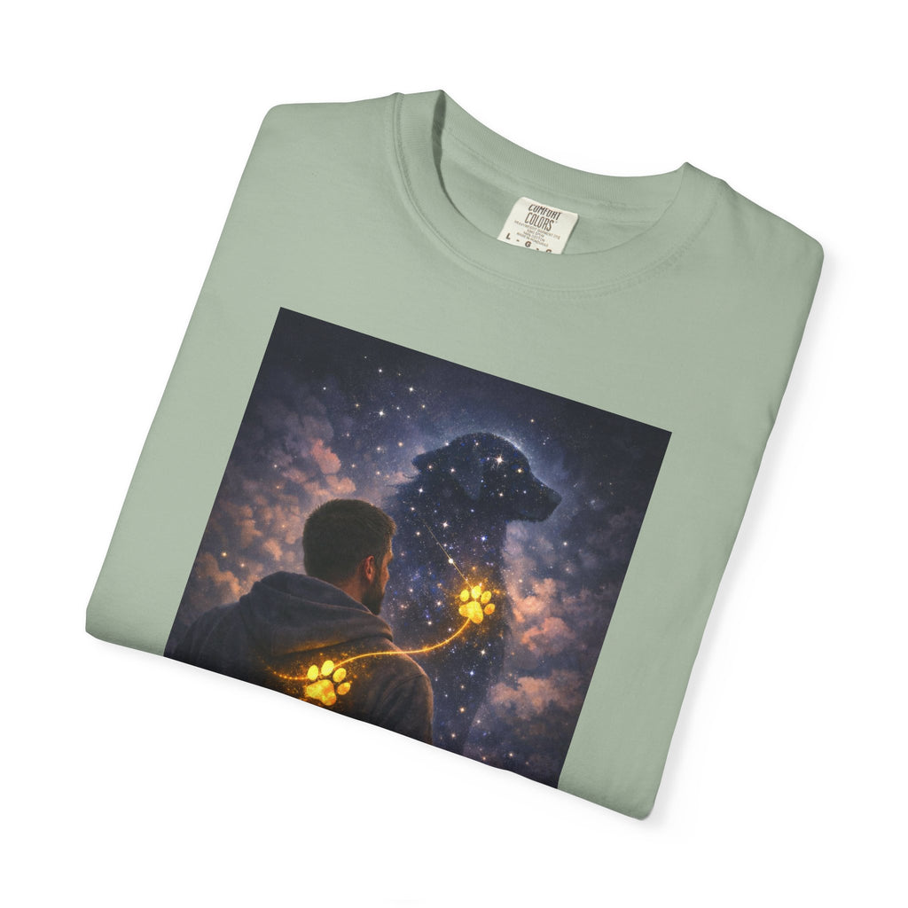 Stargazer Dog T‑Shirt — Cosmic Silhouette with Glowing Pawprint
