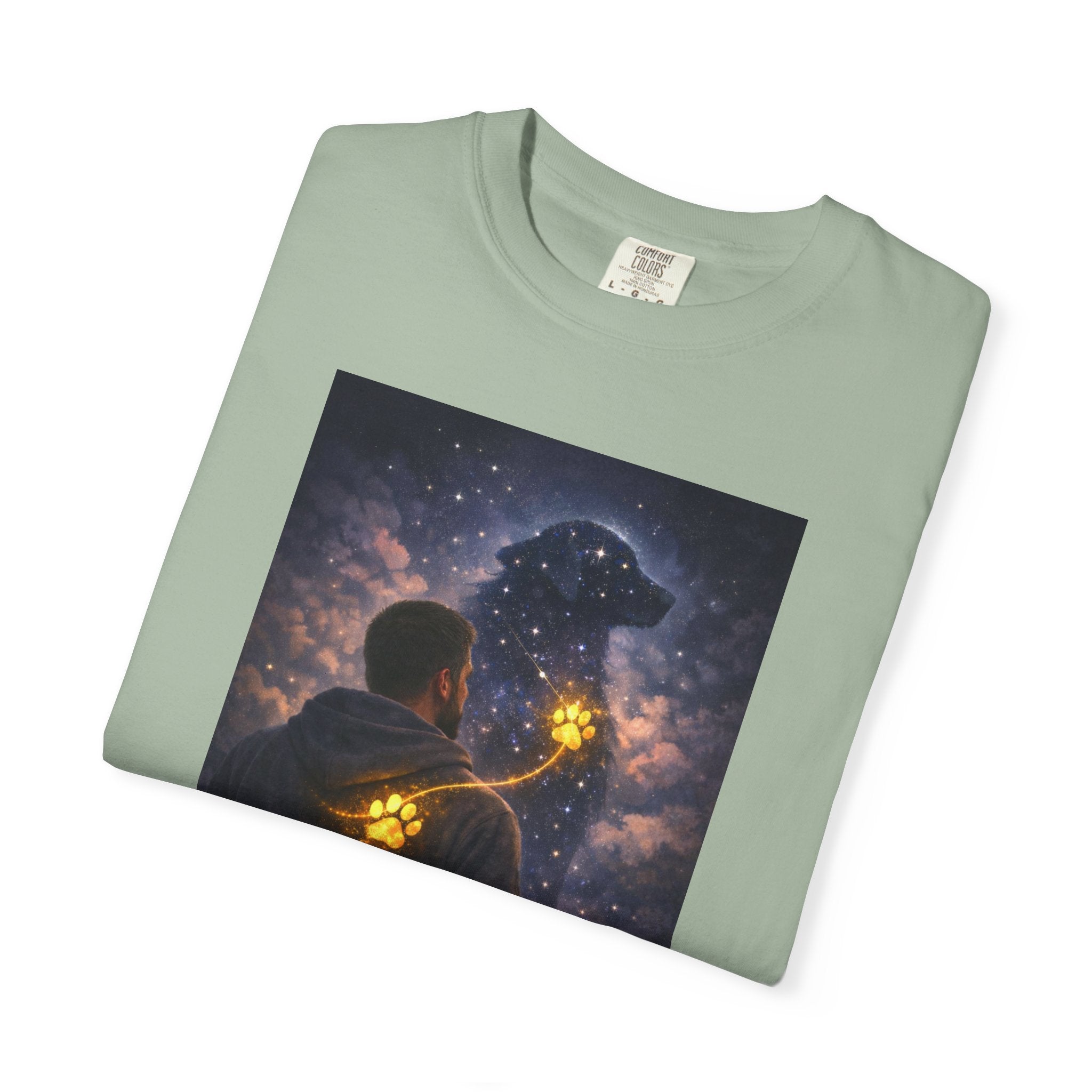 Stargazer Dog T‑Shirt — Cosmic Silhouette with Glowing Pawprint