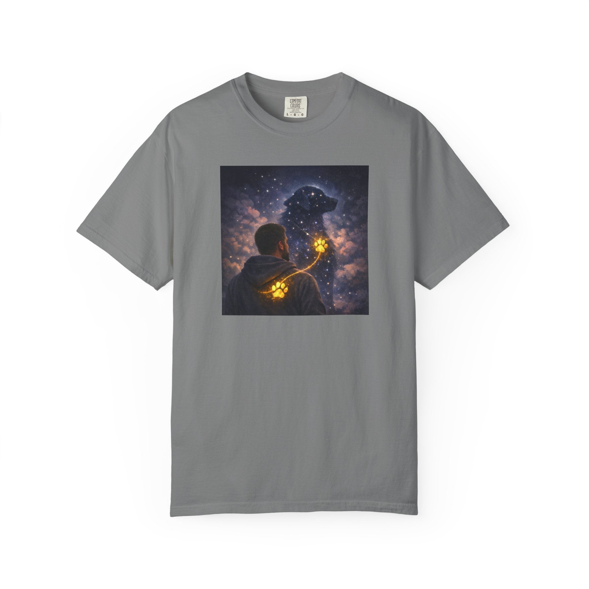 Stargazer Dog T‑Shirt — Cosmic Silhouette with Glowing Pawprint