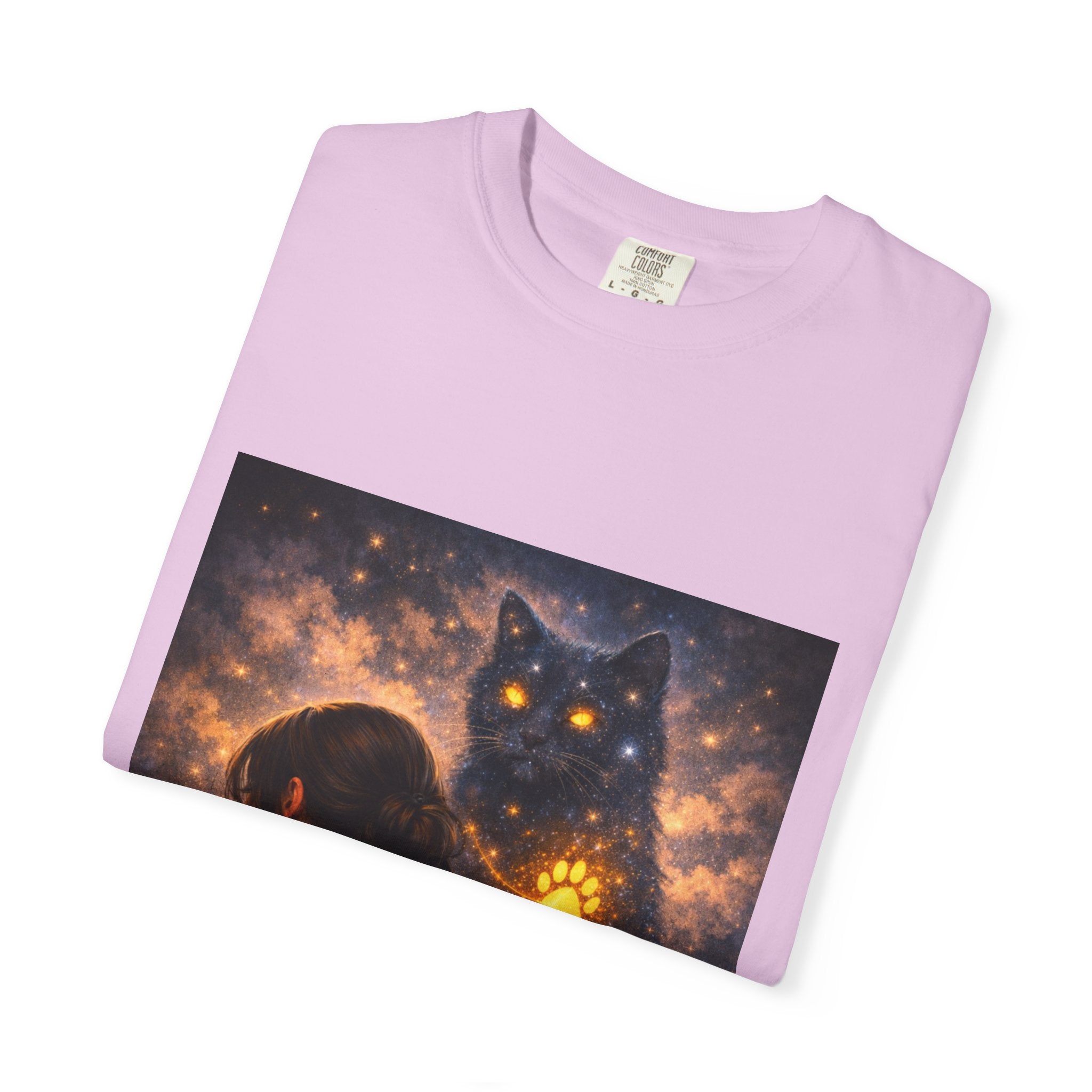 Mystic Cat Guardian T-Shirt — Glowing Heart & Starry Night Graphic Tee