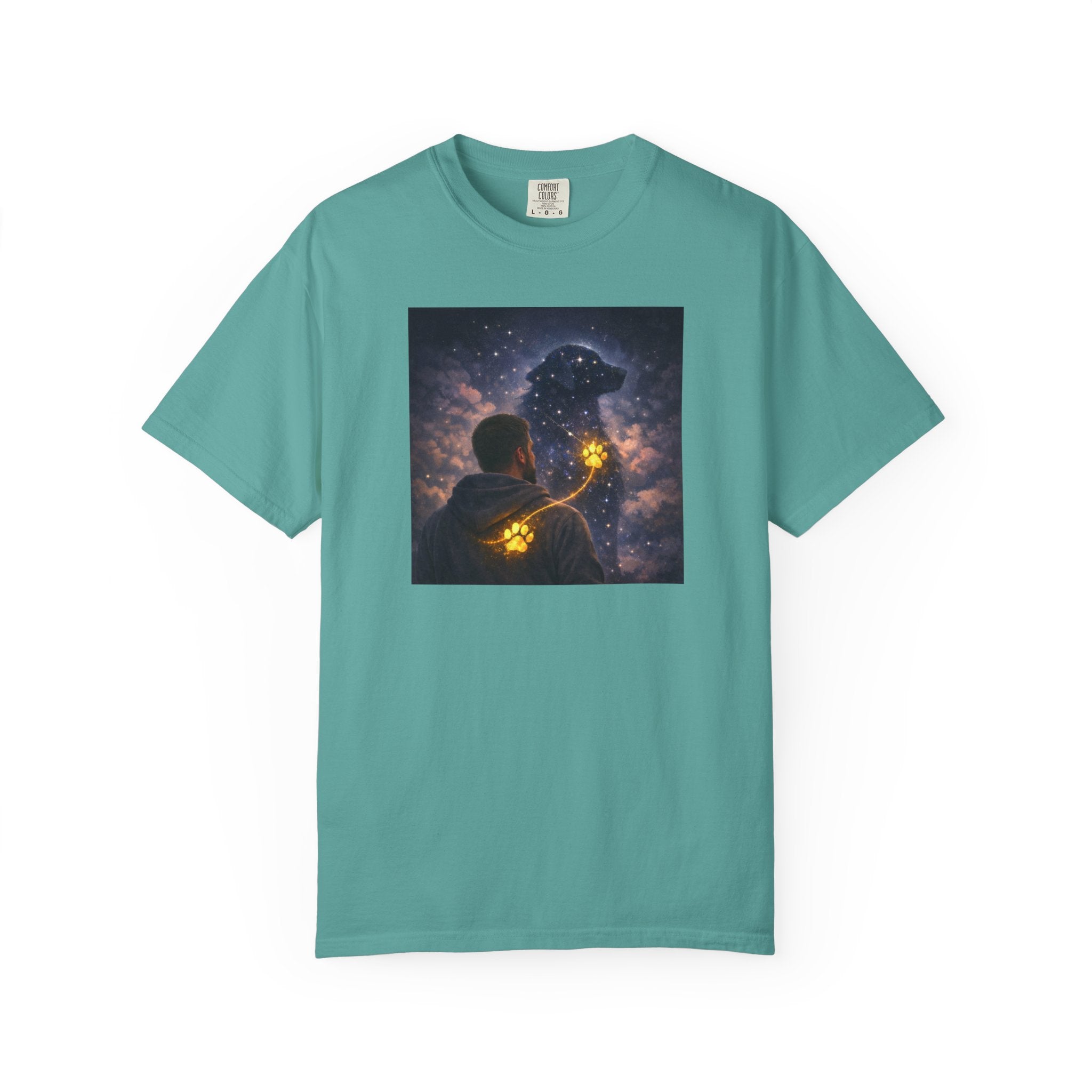 Stargazer Dog T‑Shirt — Cosmic Silhouette with Glowing Pawprint