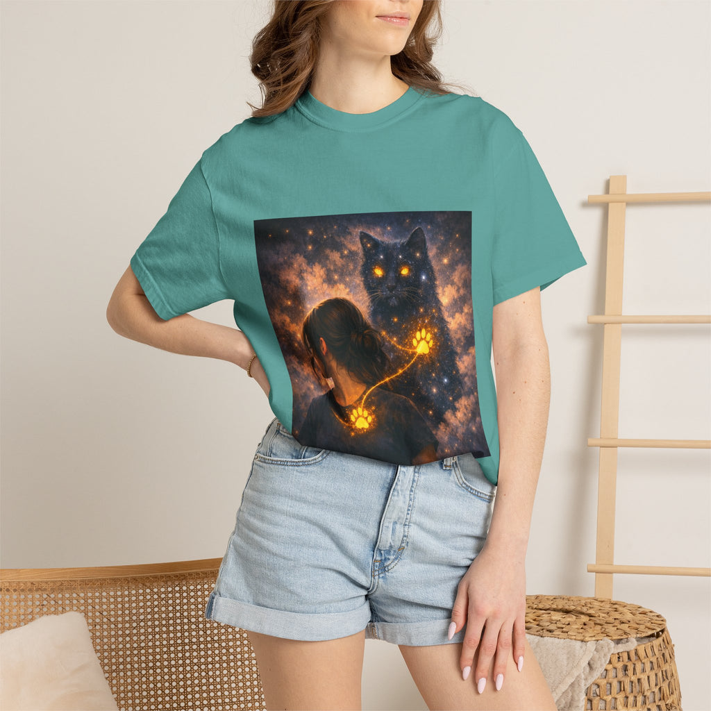 Mystic Cat Guardian T-Shirt — Glowing Heart & Starry Night Graphic Tee