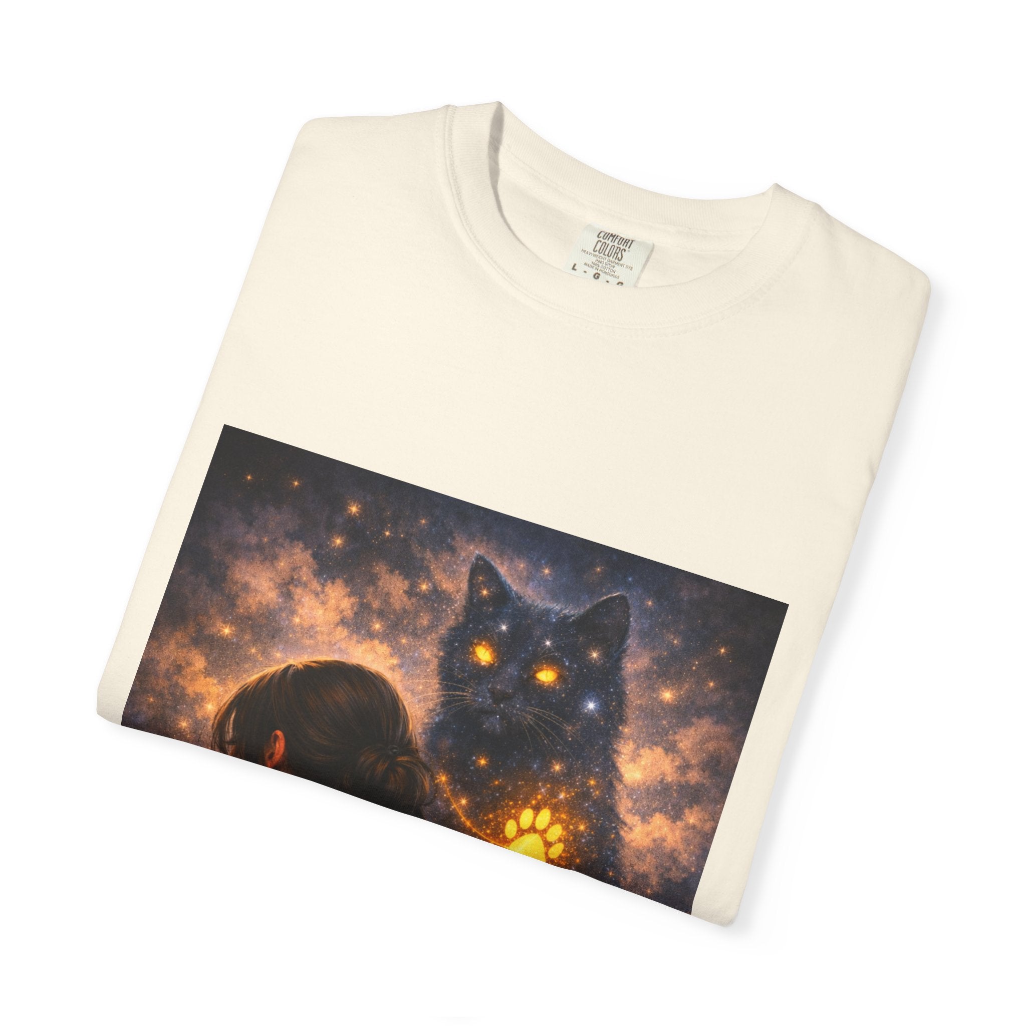 Mystic Cat Guardian T-Shirt — Glowing Heart & Starry Night Graphic Tee