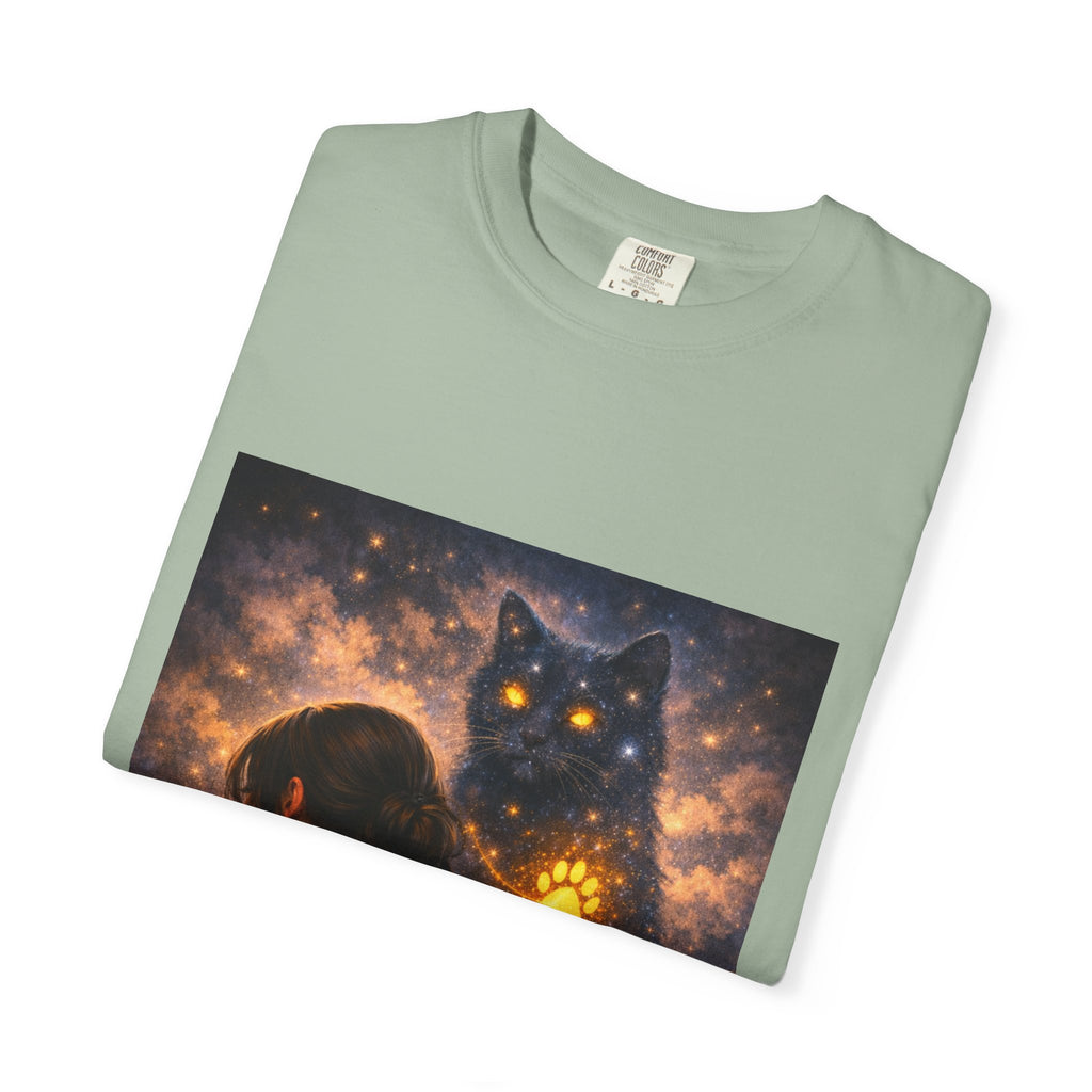 Mystic Cat Guardian T-Shirt — Glowing Heart & Starry Night Graphic Tee